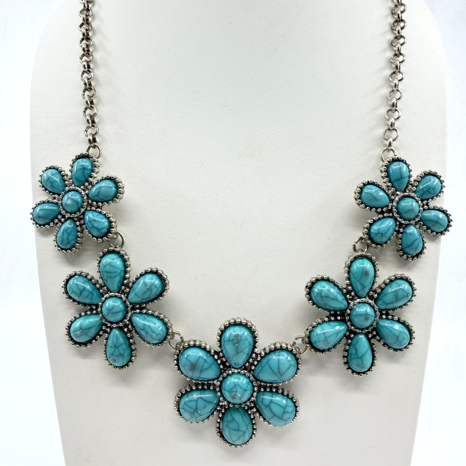Vintage Faux Turquoise Matrix Flower Bib Statement Necklace Silver Tone Chunky