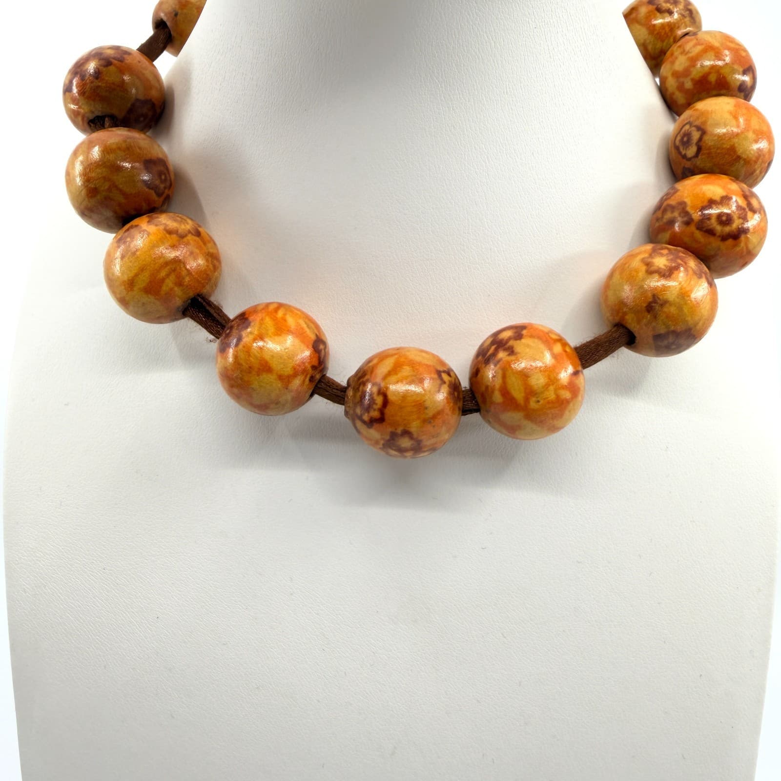 Vintage Orange Floral Painted Wood Bead Necklace Chunky Statement Boho Retro 90s