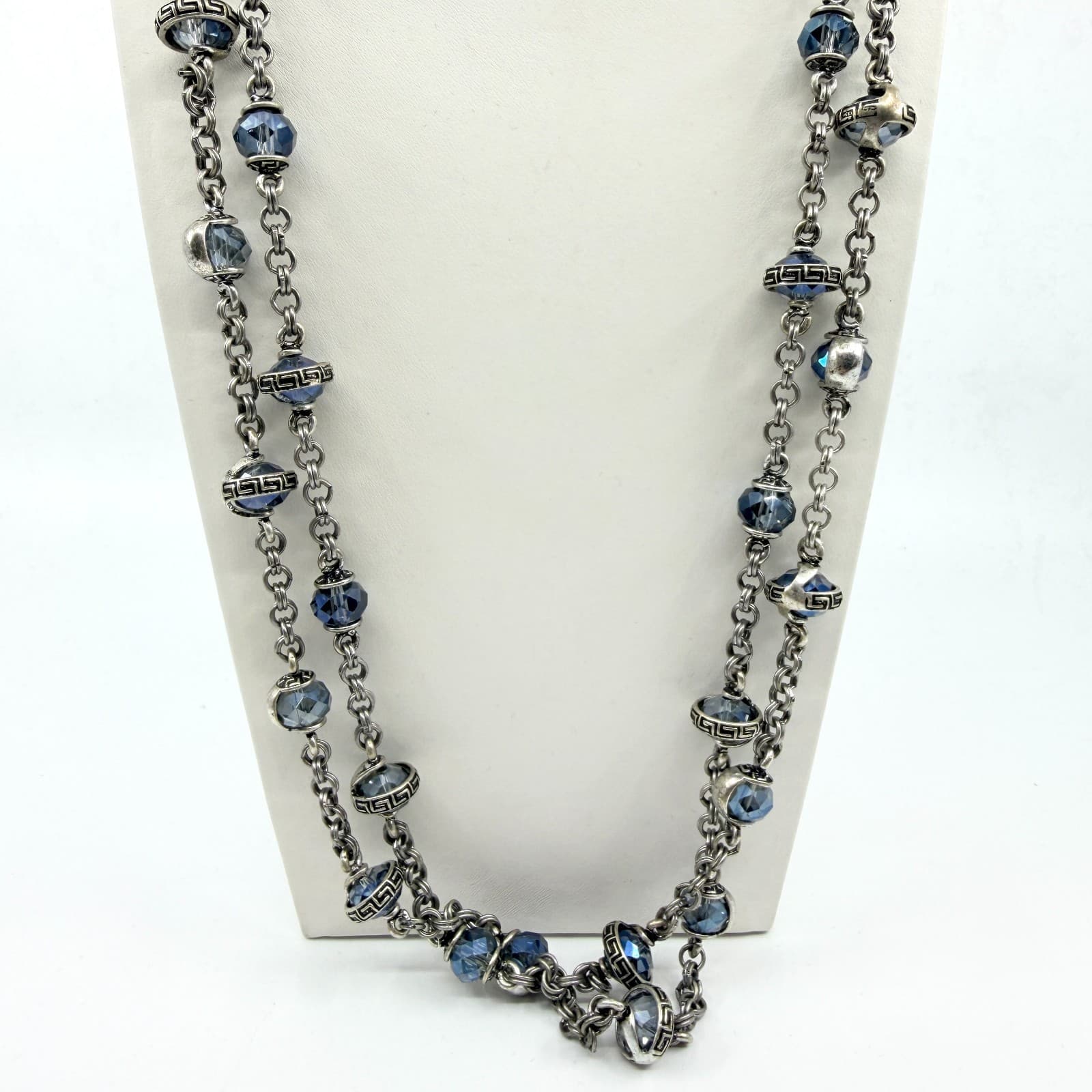 Vintage Chico's Long Silver Tone Chain Necklace Blue Crystal Greek Key Accent