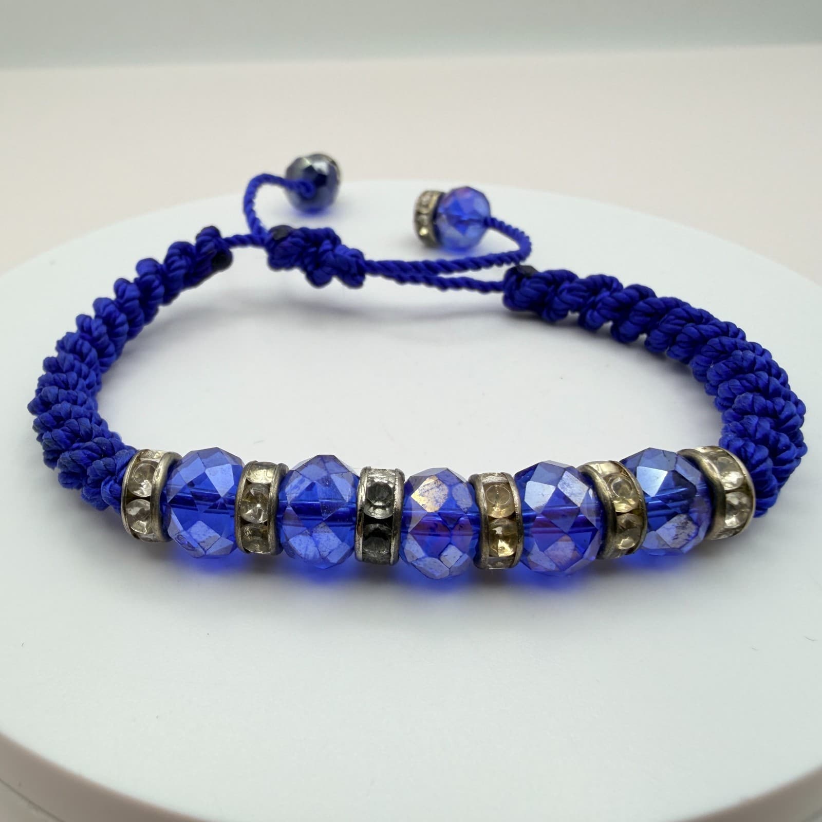 Vintage 90s Blue Beaded Rhinestone Macrame Bracelet 2 Pics Silver Tone Jewelry