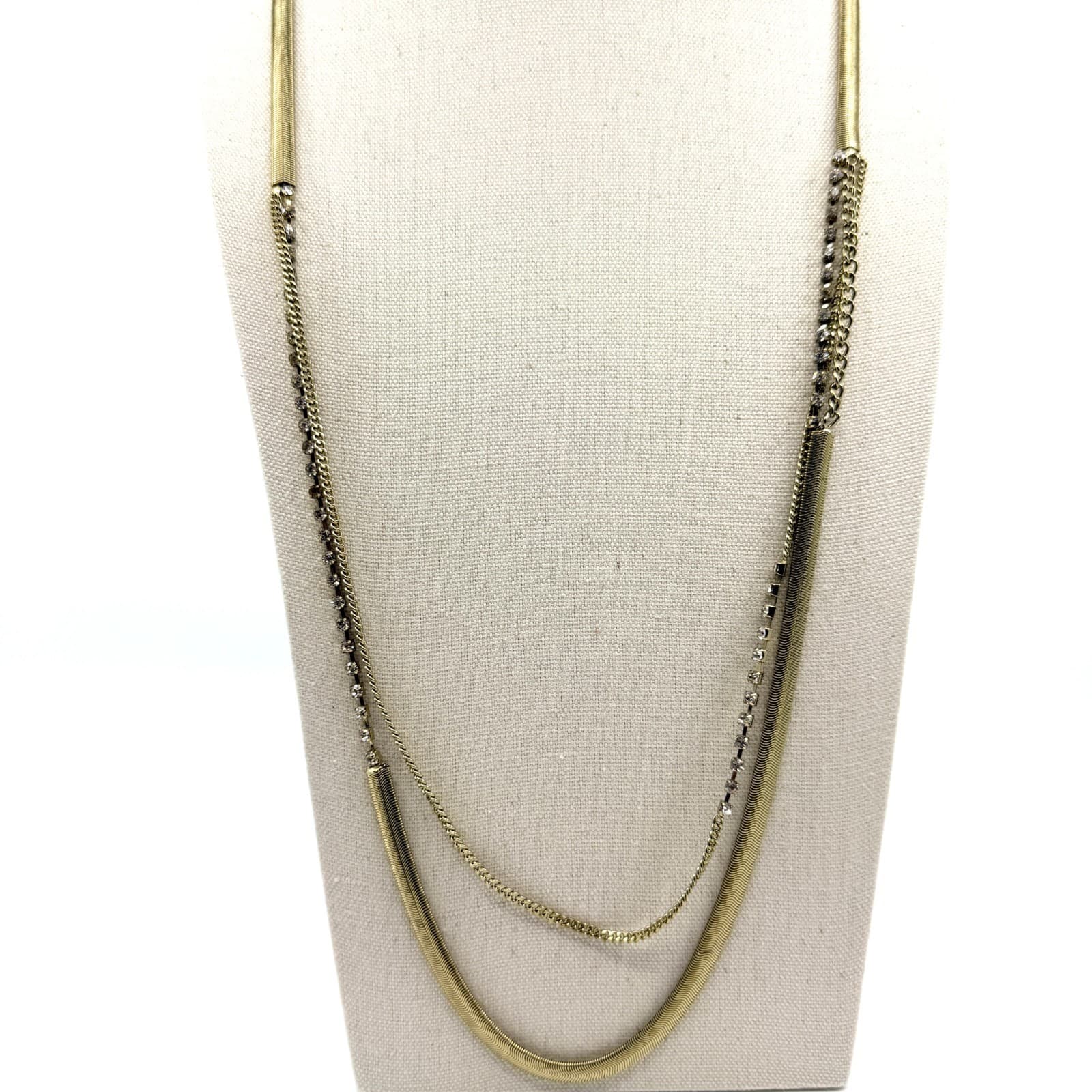 Vintage Gold Tone Multi Strand Layered Necklace Mixed Chain Rhinestone Statement
