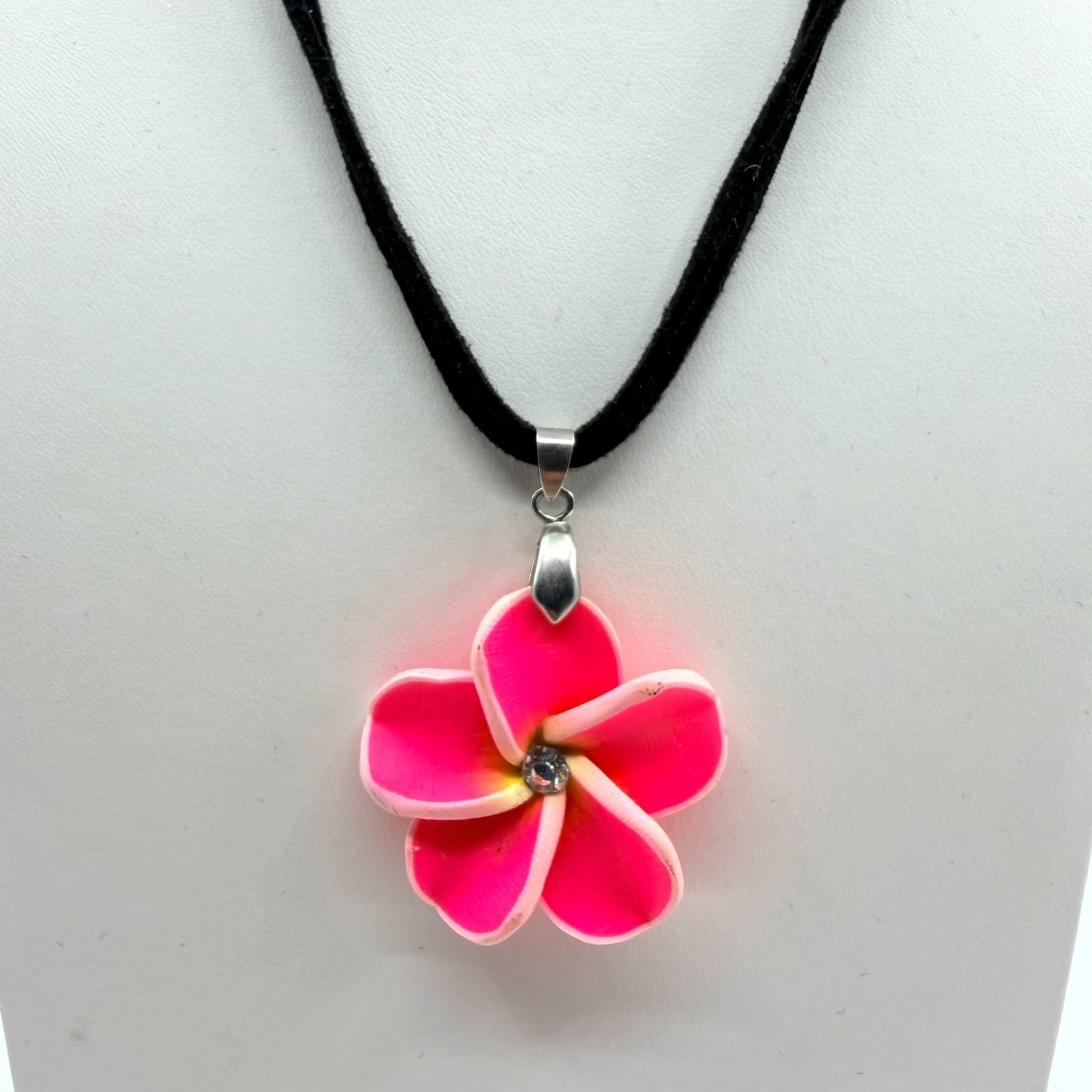 Vintage Pink Plumeria Flower Pendant Necklace Neon Rhinestone Black Cord Boho