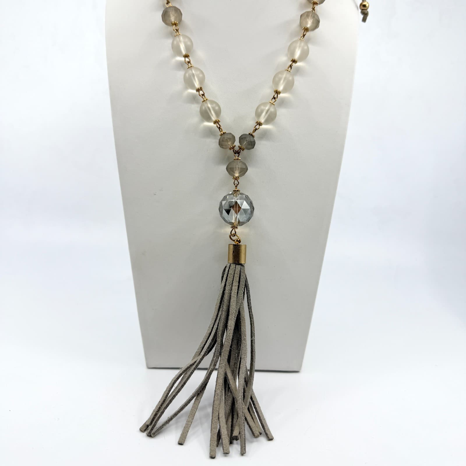 Vintage Boho Suede Tassel Pendant Necklace Gray Glass Beaded Long Statement