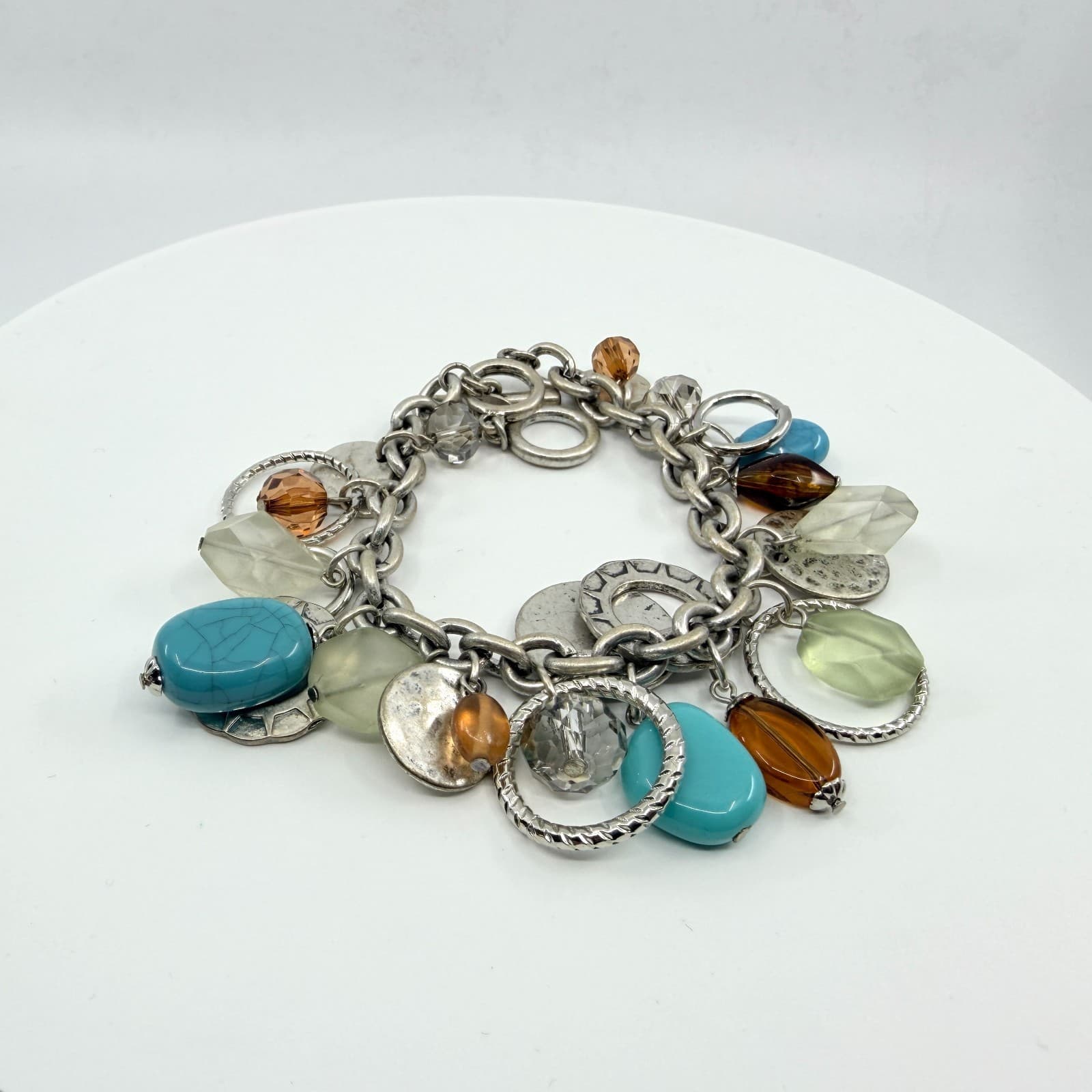 Vintage Boho Silver Faux Turquoise Chunky Charm Bracelet Multi Bead Toggle Y2K