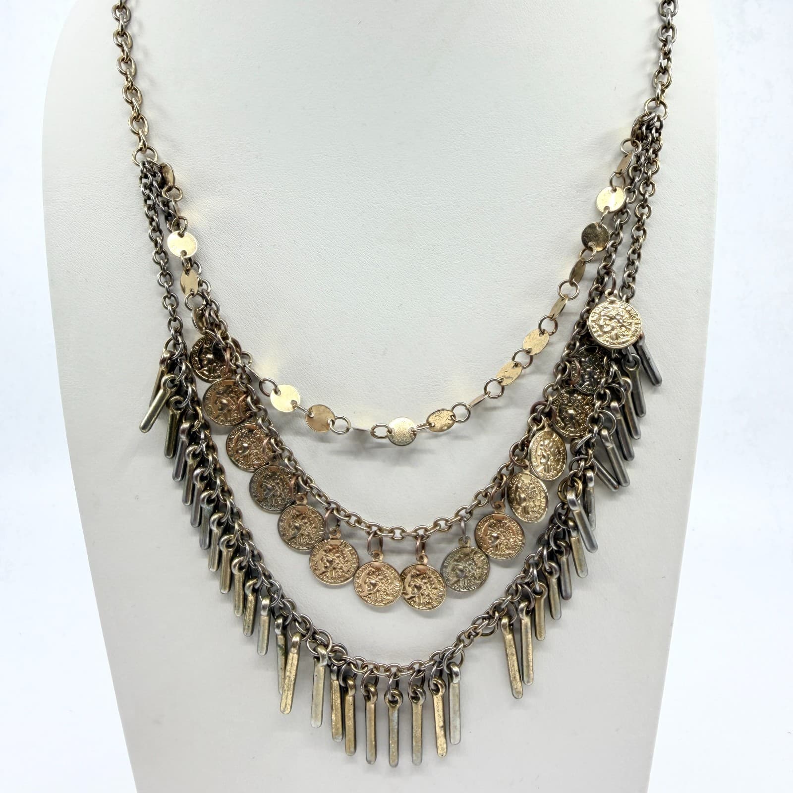 VTG Antique Gold Tone Multi Strand Coin Fringe Layered Statement BIB Necklace
