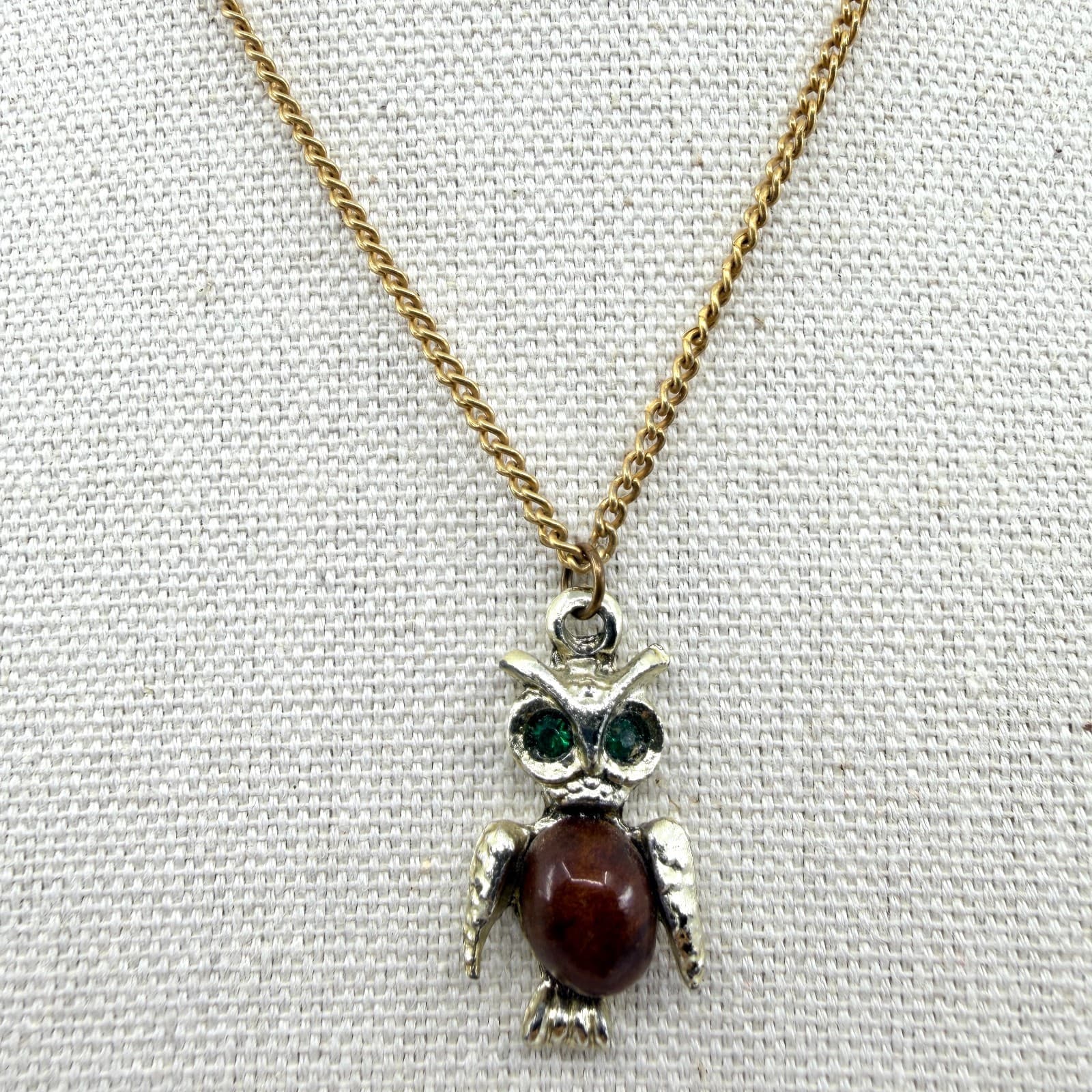 Vintage Silver Tone Owl Pendant Necklace Green Rhinestone Eyes Brown Cabochon