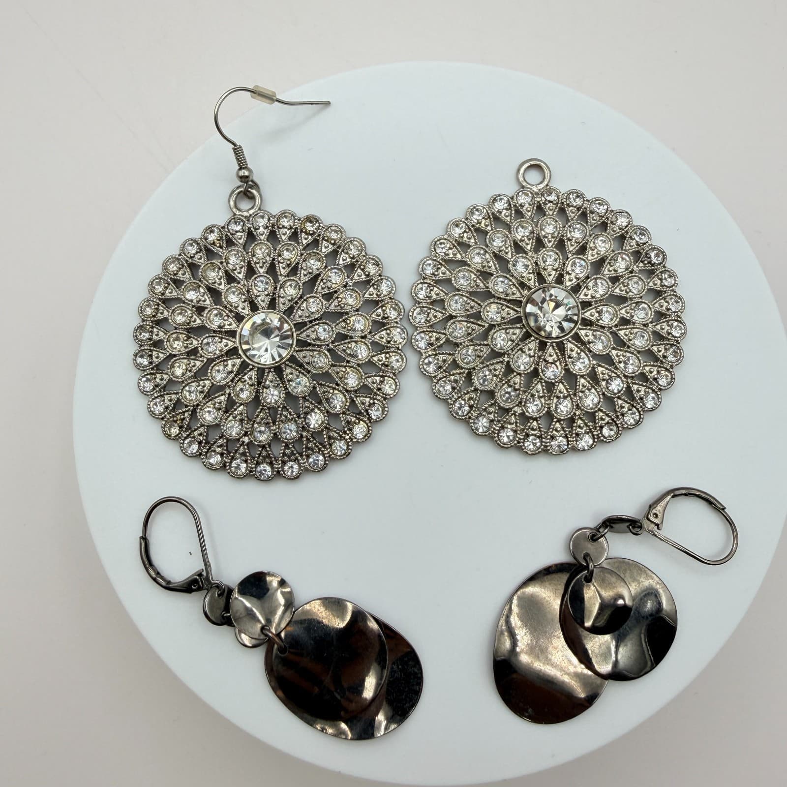 Vintage Y2K Silver Tone Clear Rhinestone Dangle Earrings Set Women's Jewelry