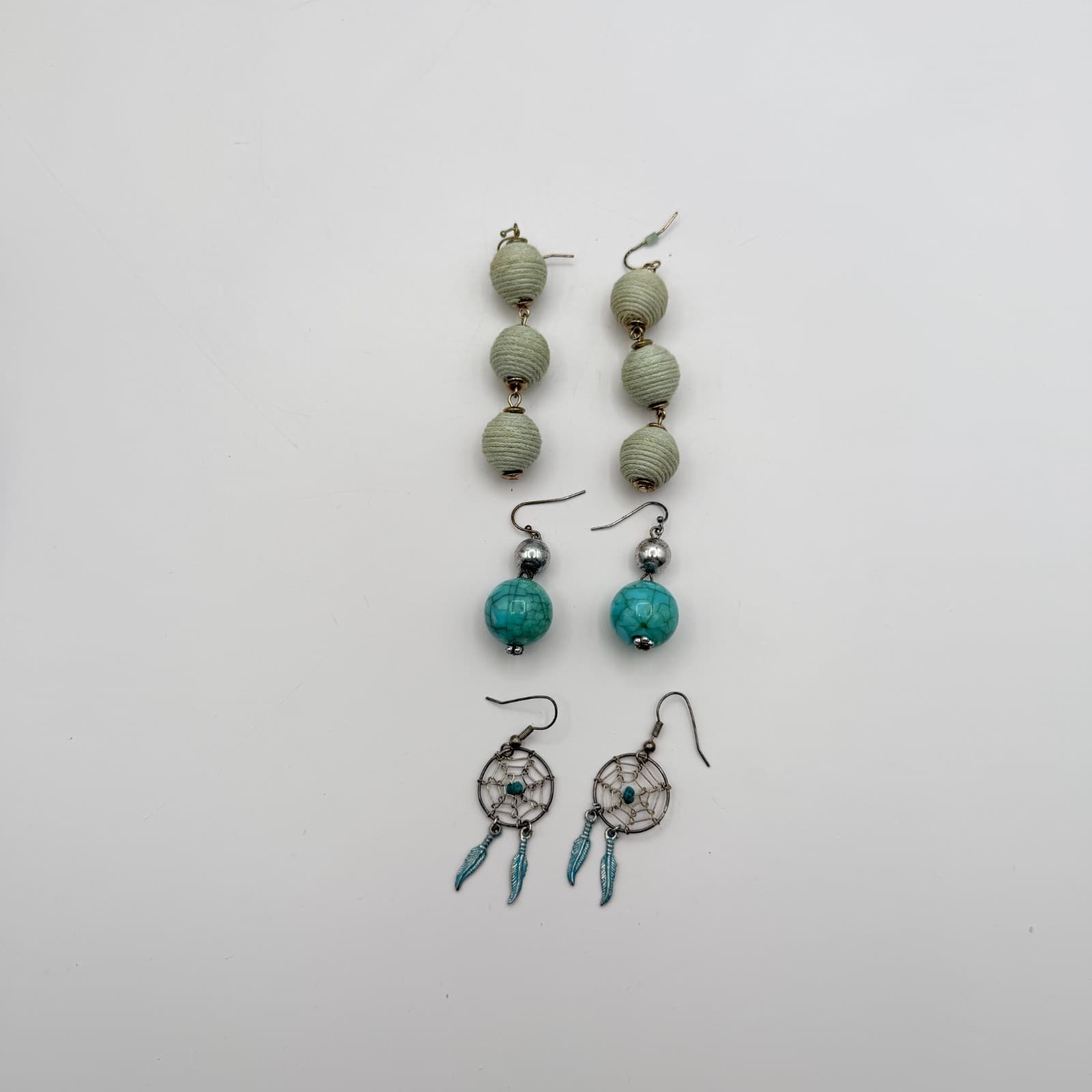 Vintage Y2K Blue Glass Beaded Dreamcatcher Feather Earrings Set 3 Pair Jewelry