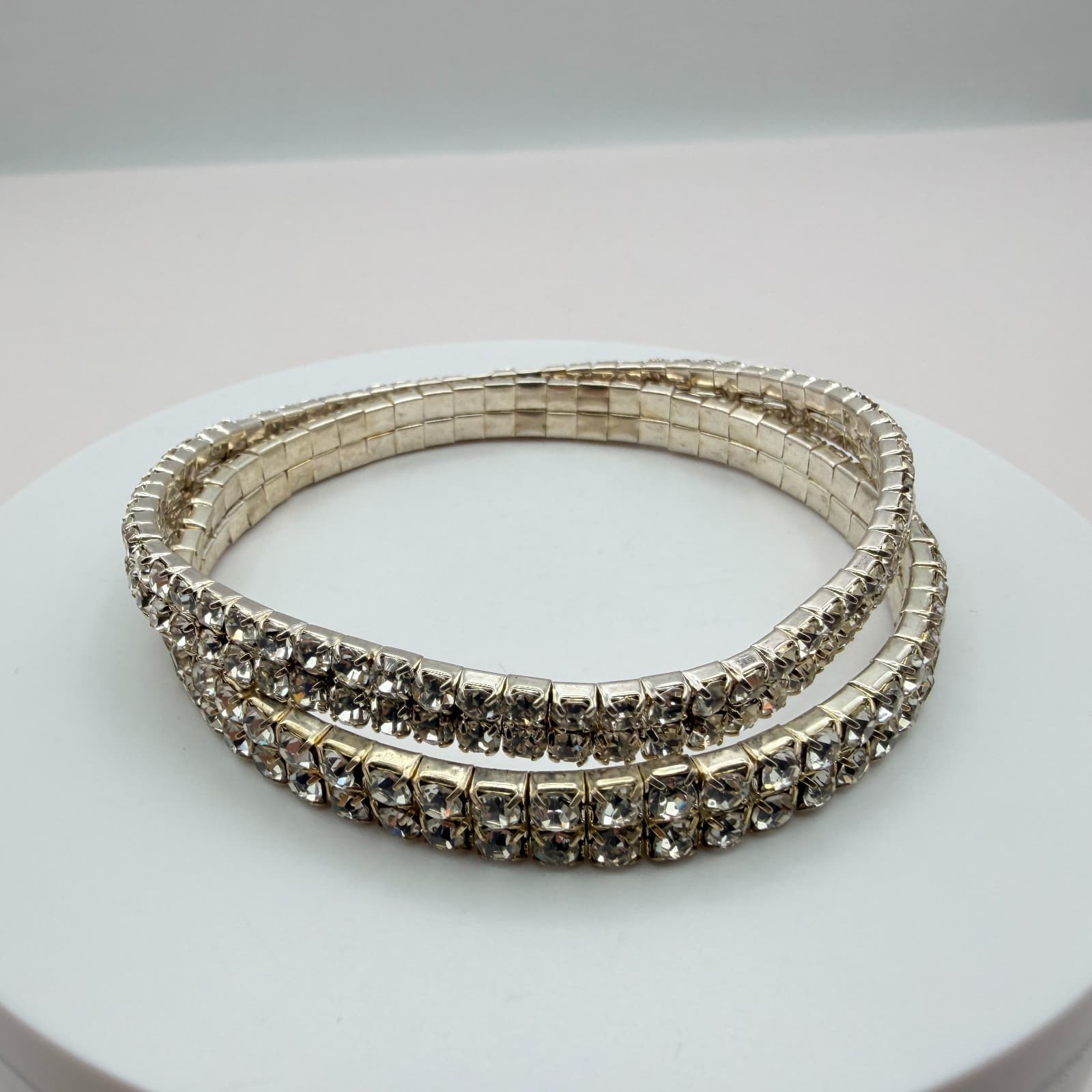 Vintage Y2K Silver Tone Double Strand Clear Rhinestone Bracelet Women's Jewelry