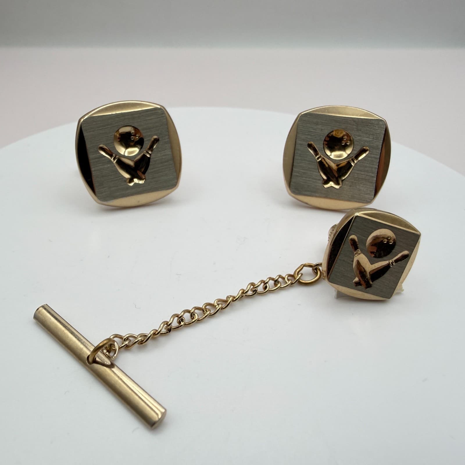 VTG Y2K Gold Tone Bowling Tie Tac Cufflinks Set Men's Classic Fashion Jewelry