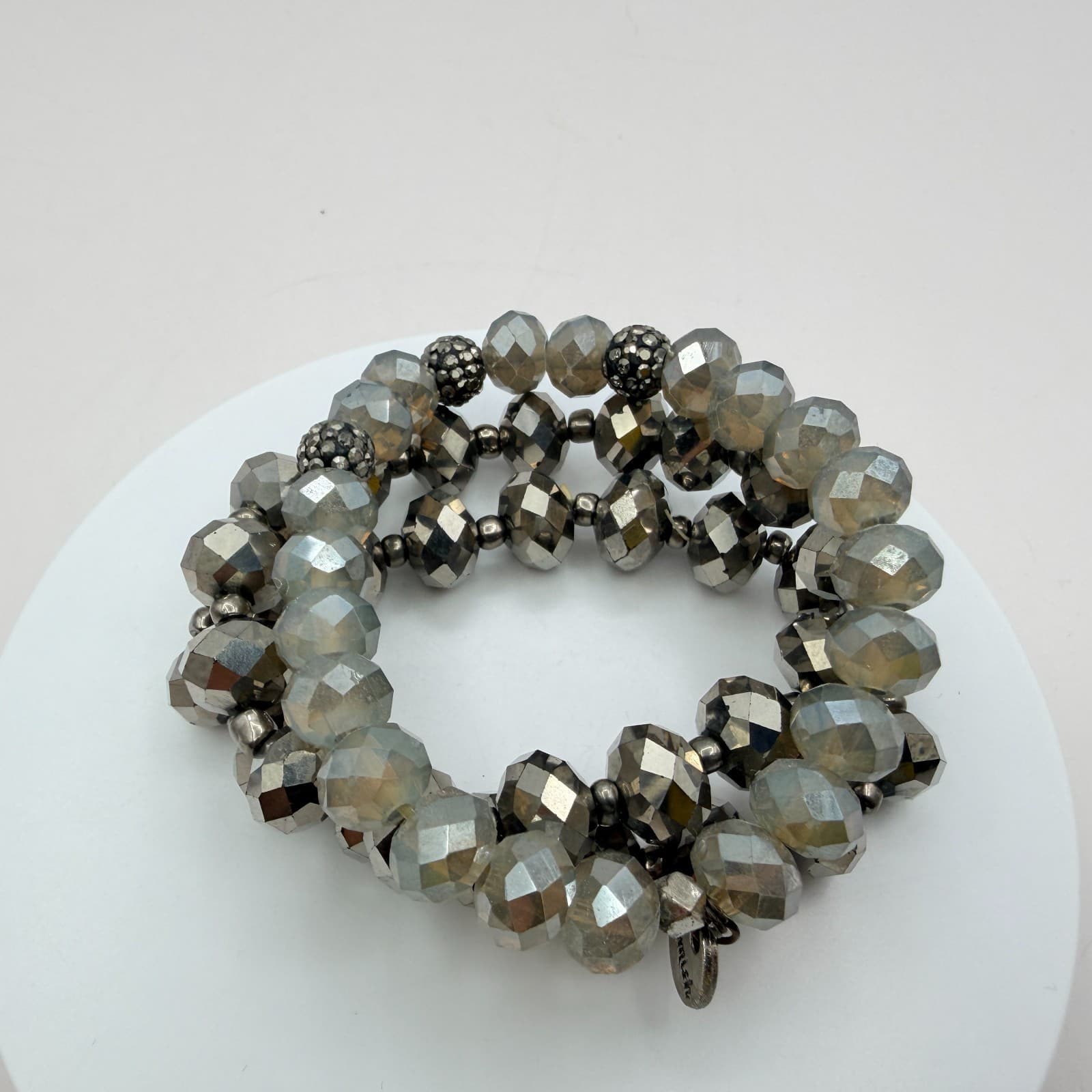 Vintage Y2K Silver Tone Multi Strand Stretch Beaded Bracelet Women Jewelry