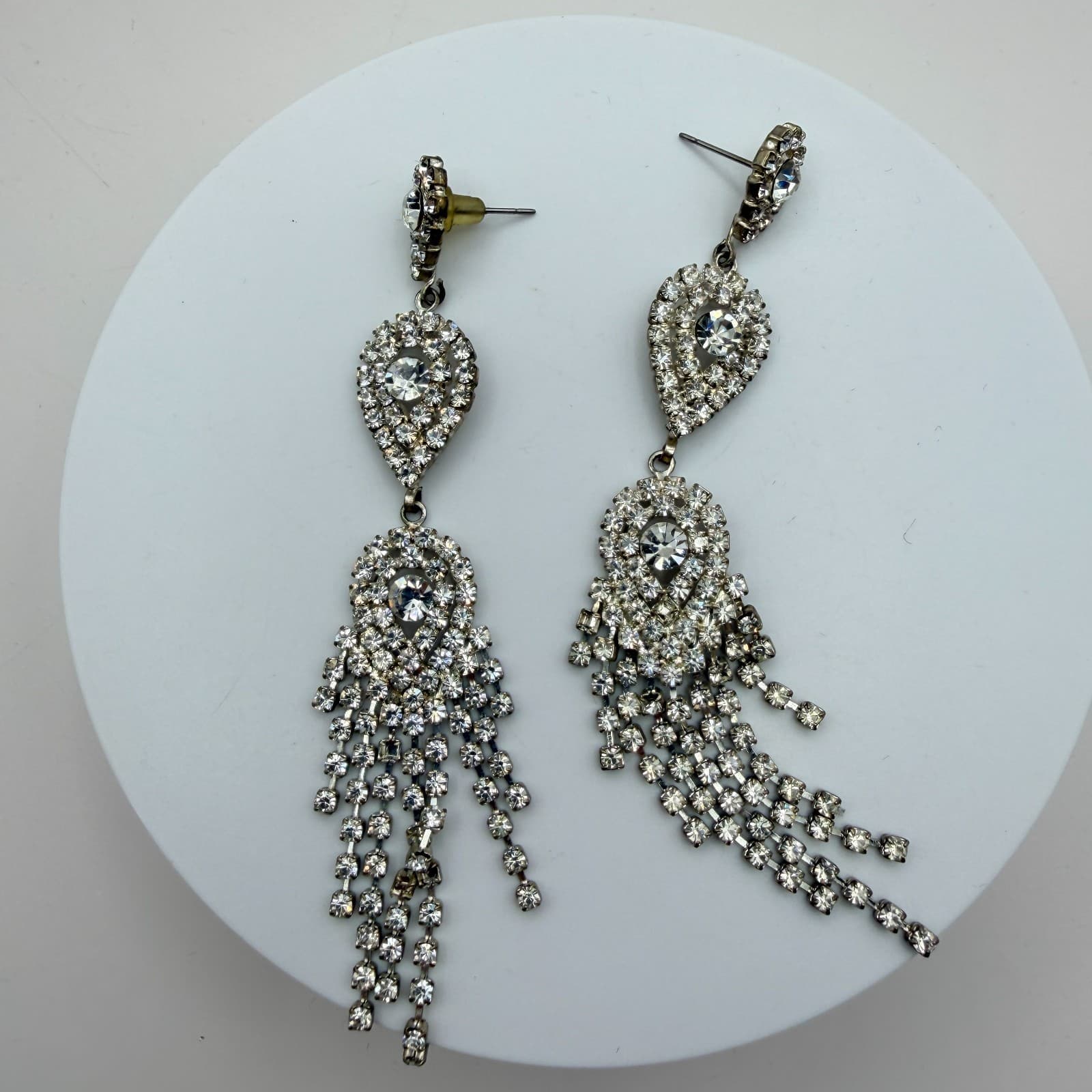 Vintage 90s Silver Tone Tassel Chandelier Earrings Clear Glass Women's Jewelry