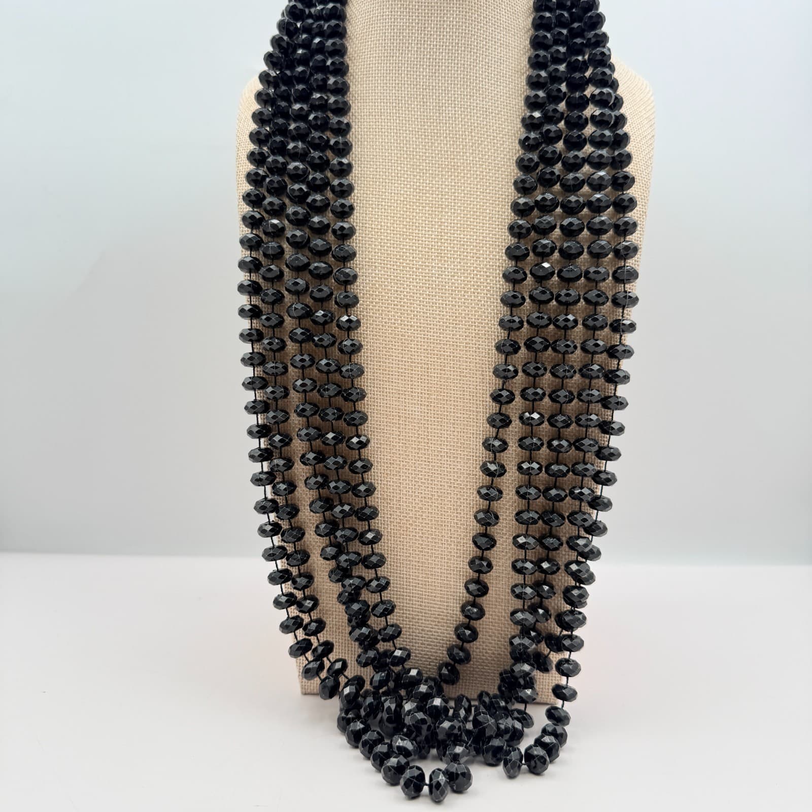 Vintage 90s Multi Strand Black Beaded Necklace Statement Retro Classic Jewelry