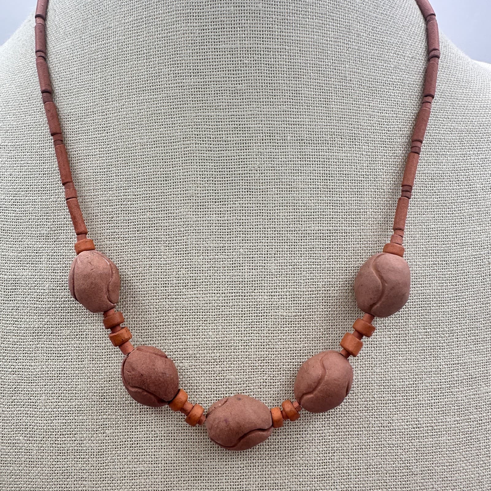Vintage 90s Terracotta Wooden Beaded Necklace Statement Women's Classic Jewelry