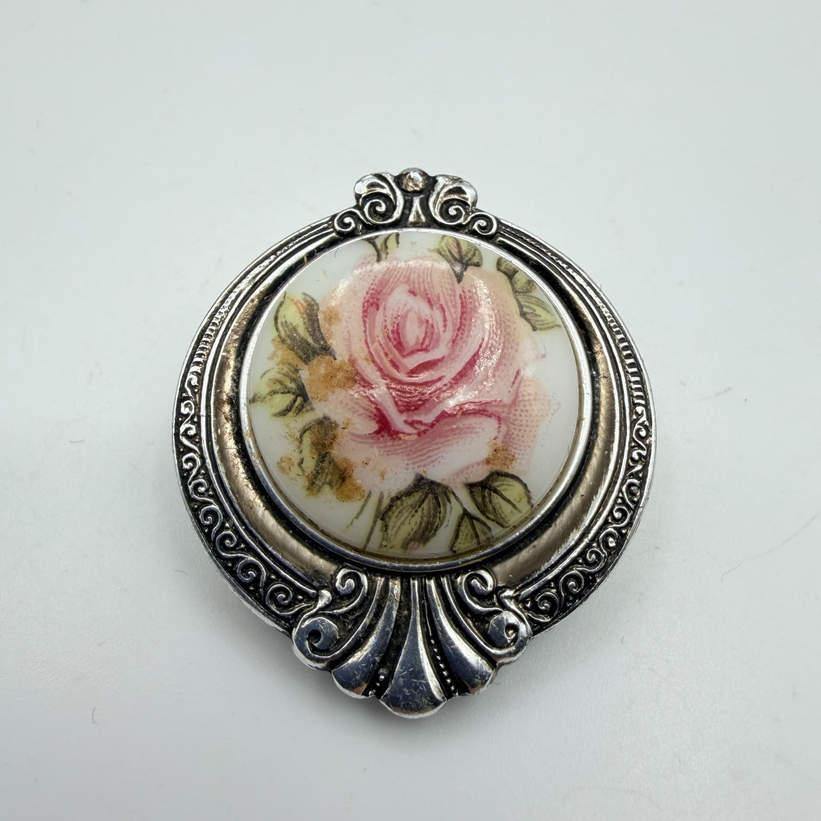 Vintage 80s SilverTone Scarf Clip Pink Rose Floral Glass Cabochon Boho Accessory