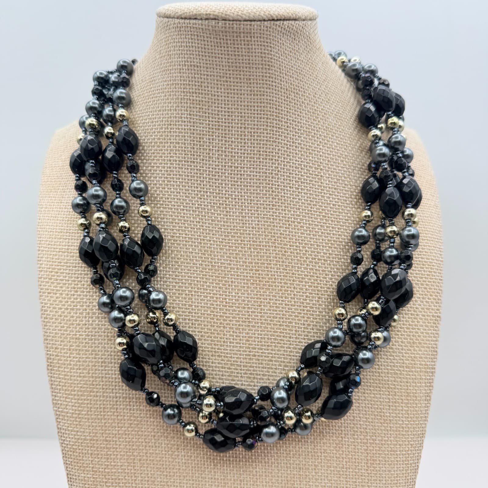 Vintage 90s Multi Strand Black Glass Bead Necklace Gray Faux Pearl Statement