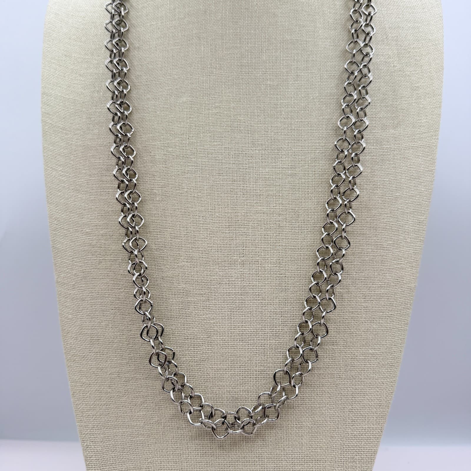 Vintage 90s Silver Tone Double Layer Link Chain Necklace Retro Fashion Jewelry