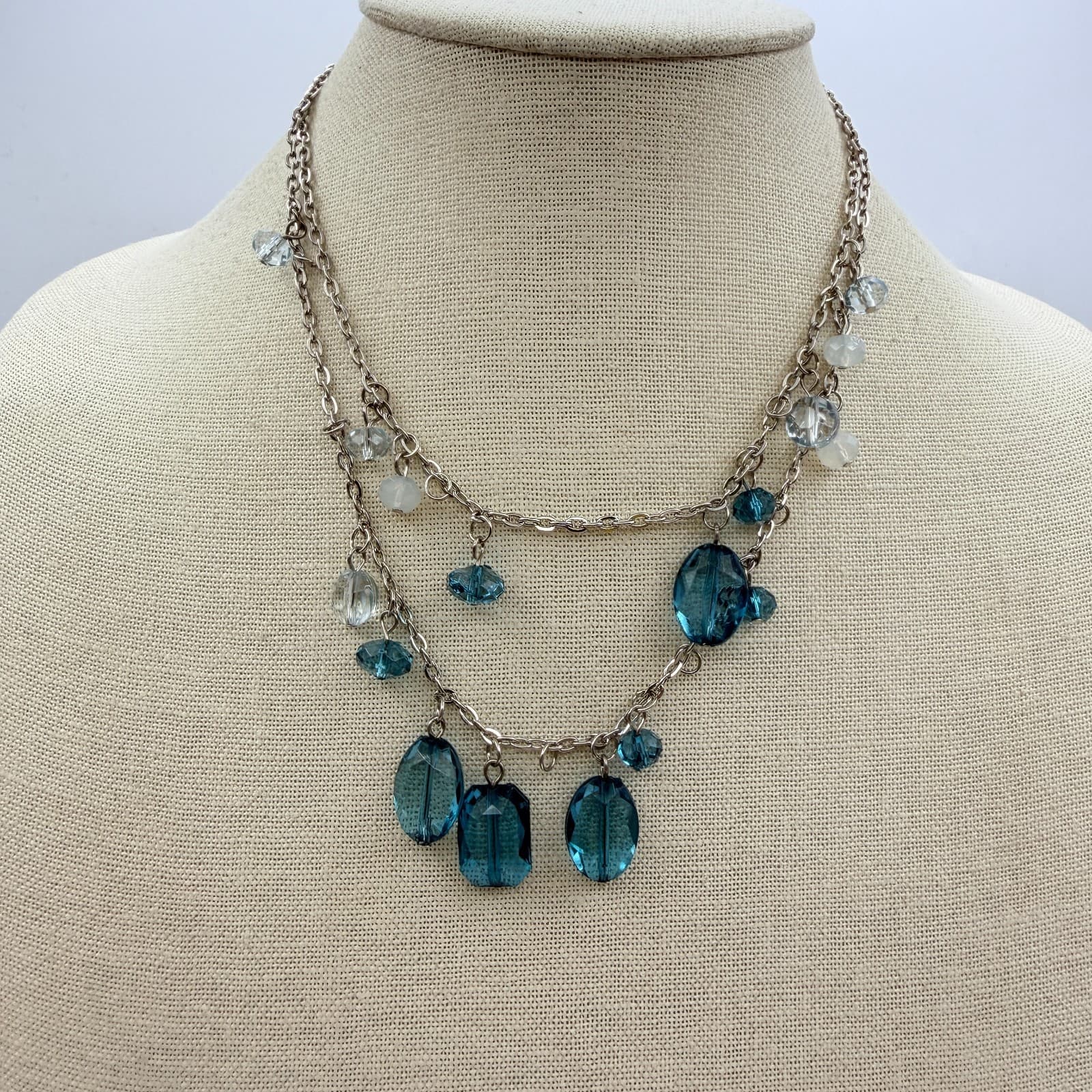 Vintage 90s Blue Glass Bead Double Strand Silver Tone Necklace Boho Fashion