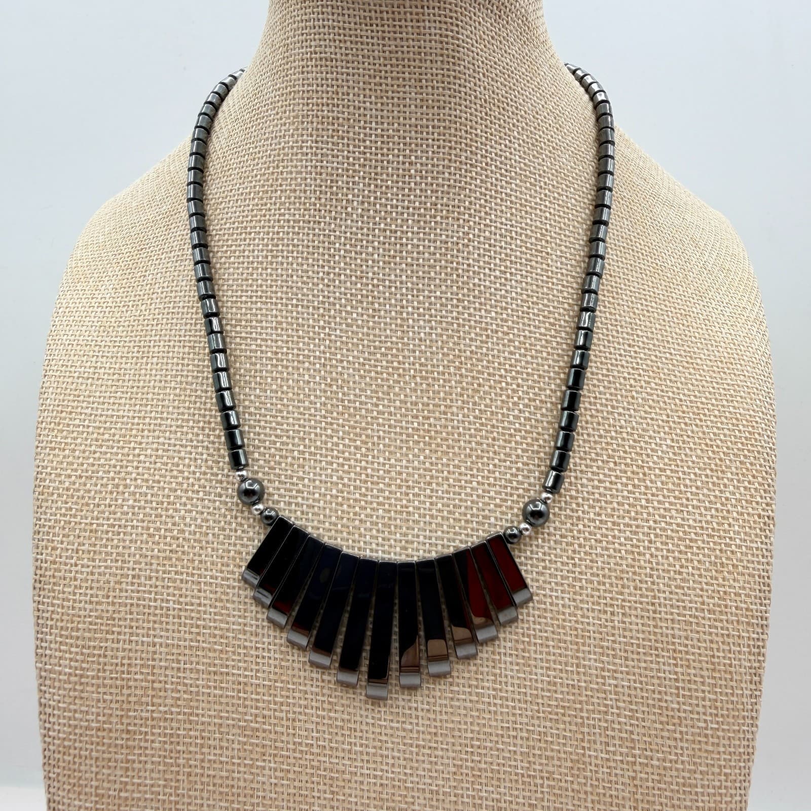 Vintage 90s Hematite Beaded Fringe Statement Necklace Boho Fashion Jewelry