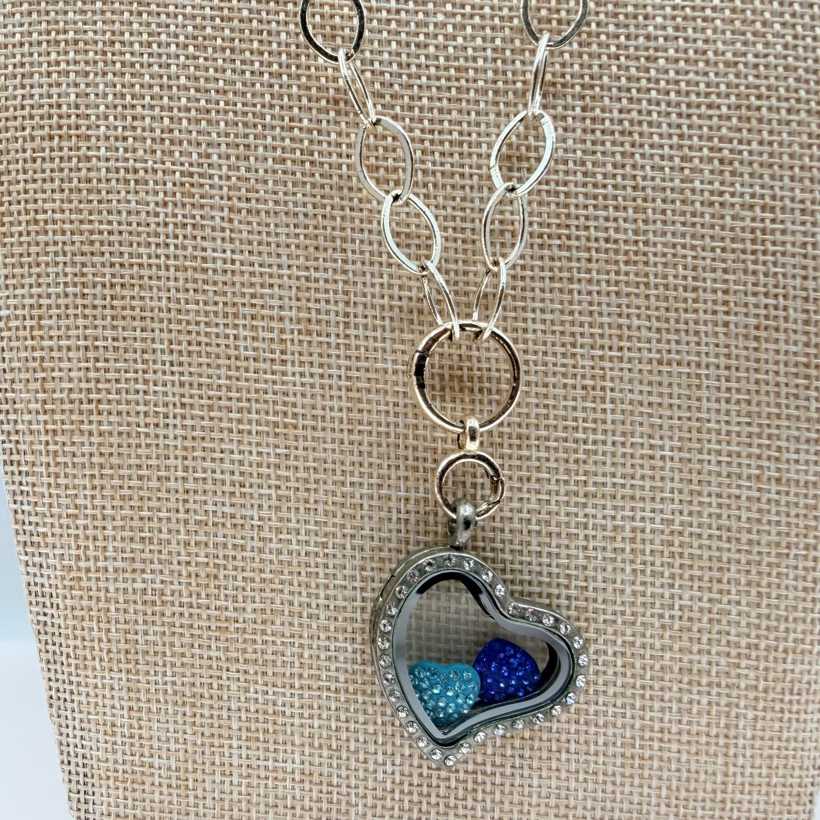 Vintage 90s Floating Heart Locket Necklace Silver Tone Blue Glass Charm Jewelry