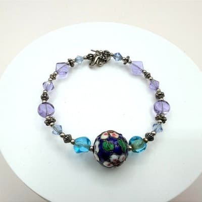 Vintage 90s Lampwork Glass Floral Bead Bracelet Purple Blue Silver Tone Jewelry