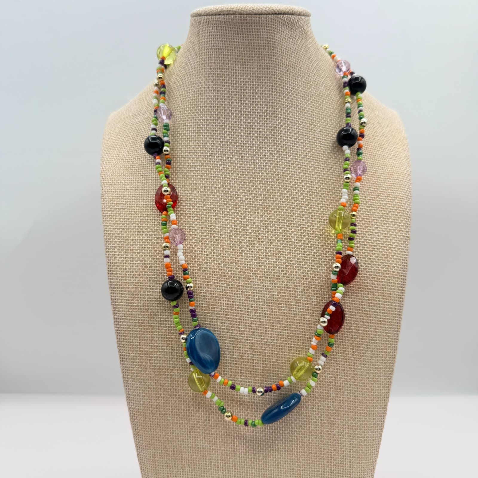 Vintage Y2K Gold Tone Multi Strand Beaded Necklace Boho Women's Classic Jewelry