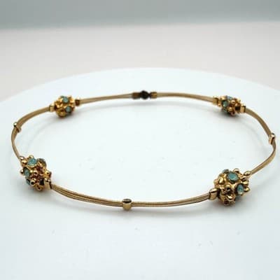 Vintage 80s Turquoise Opal Bracelet Gold Tone Flexible Wire Artisan Jewelry
