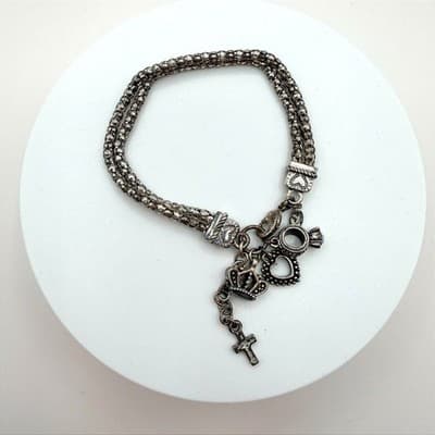Vintage 90s Silver Tone AB Rhinestone Charm Bracelet Religious Women's Jewelry