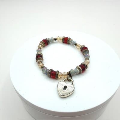 Vintage Y2K Women's Boho Beaded Stretch Bracelet Heart Padlock Charm Jewelry
