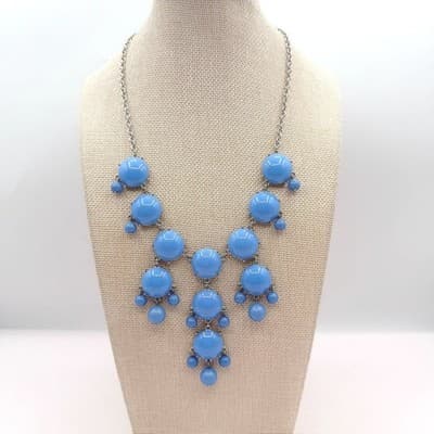 Vintage Y2K Silver Tone Blue Beaded Bib Necklace Statement Women's Jewelry