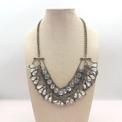 Vintage Y2K Brass Tone Multi Strand Rhinestone Teardrop Bib Necklace Jewelry