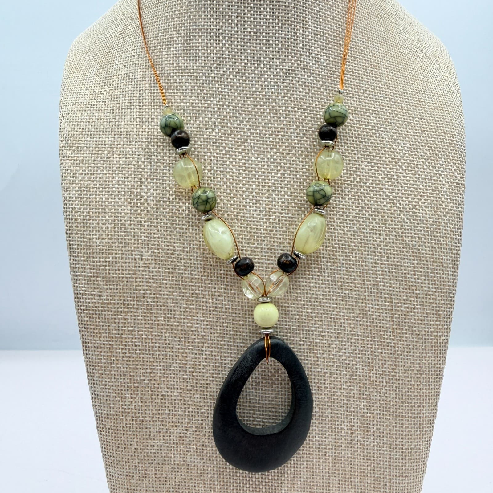 Vintage 90s Handcrafted Mixed Media Statement Necklace Wood & Serpentine Jewelry