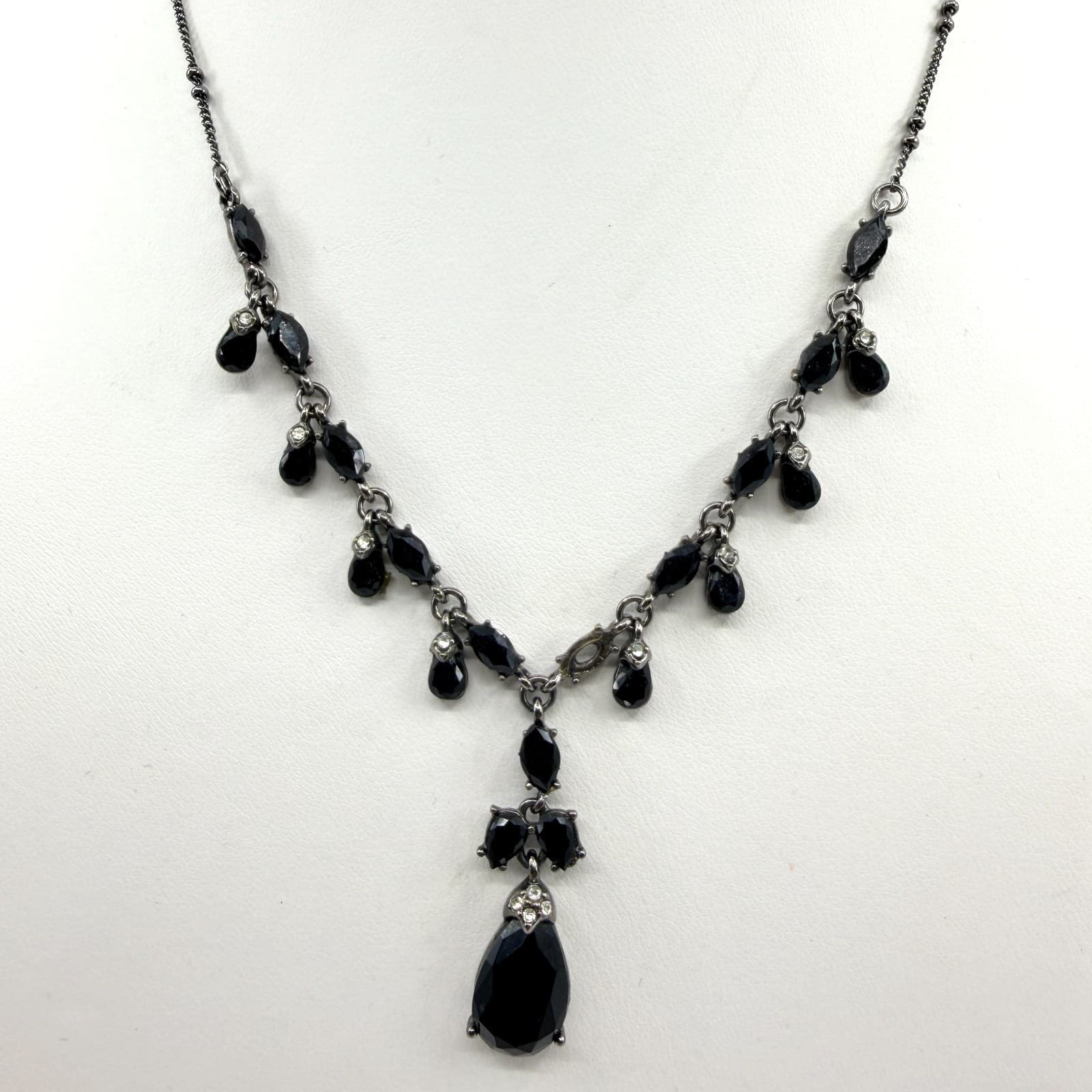 Vintage Gunmetal Tone Black Teardrop Pendant Necklace Statement Goth Y2K