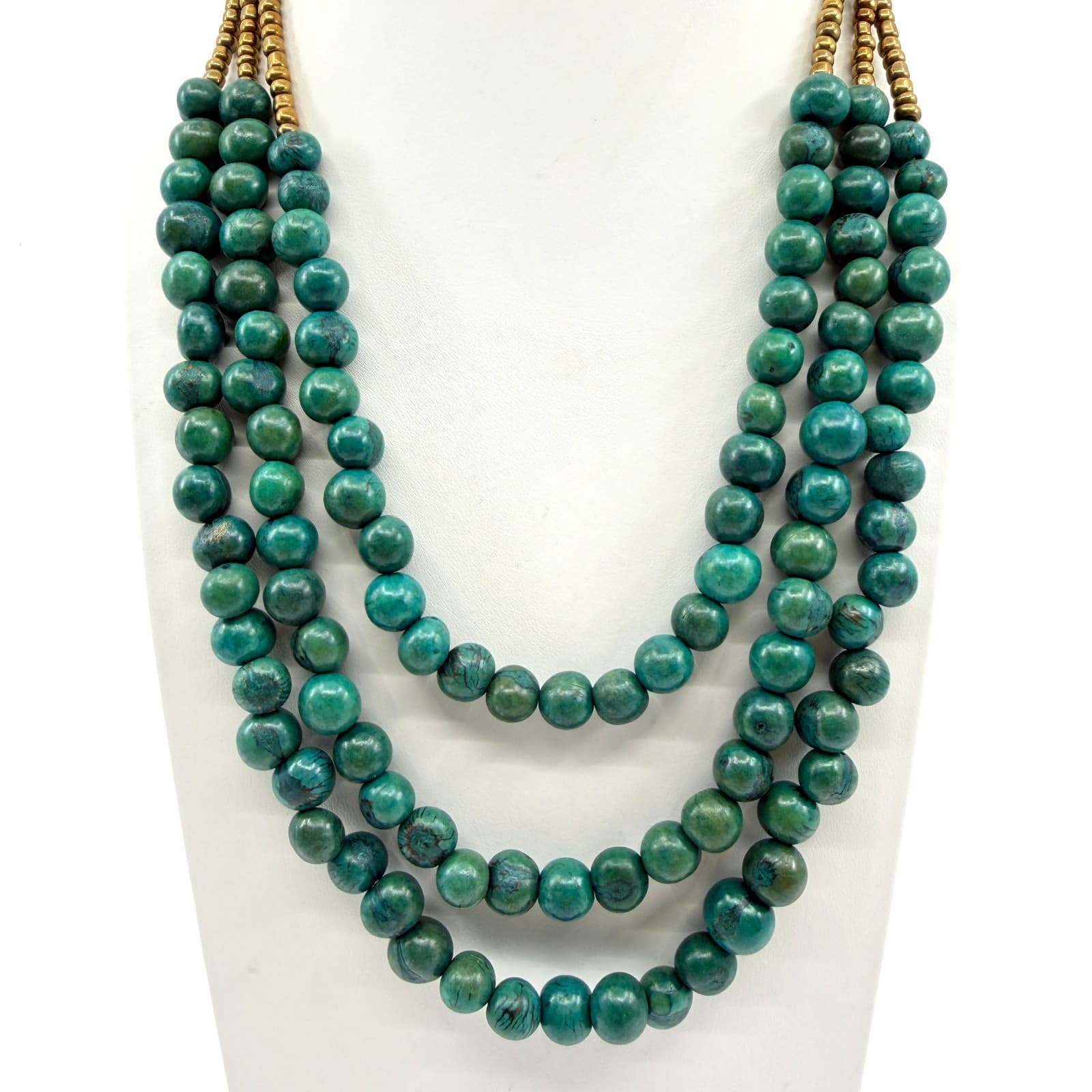 Vintage Triple Strand Green Faux Amazonite Bead Necklace Gold Tone Statement 90s