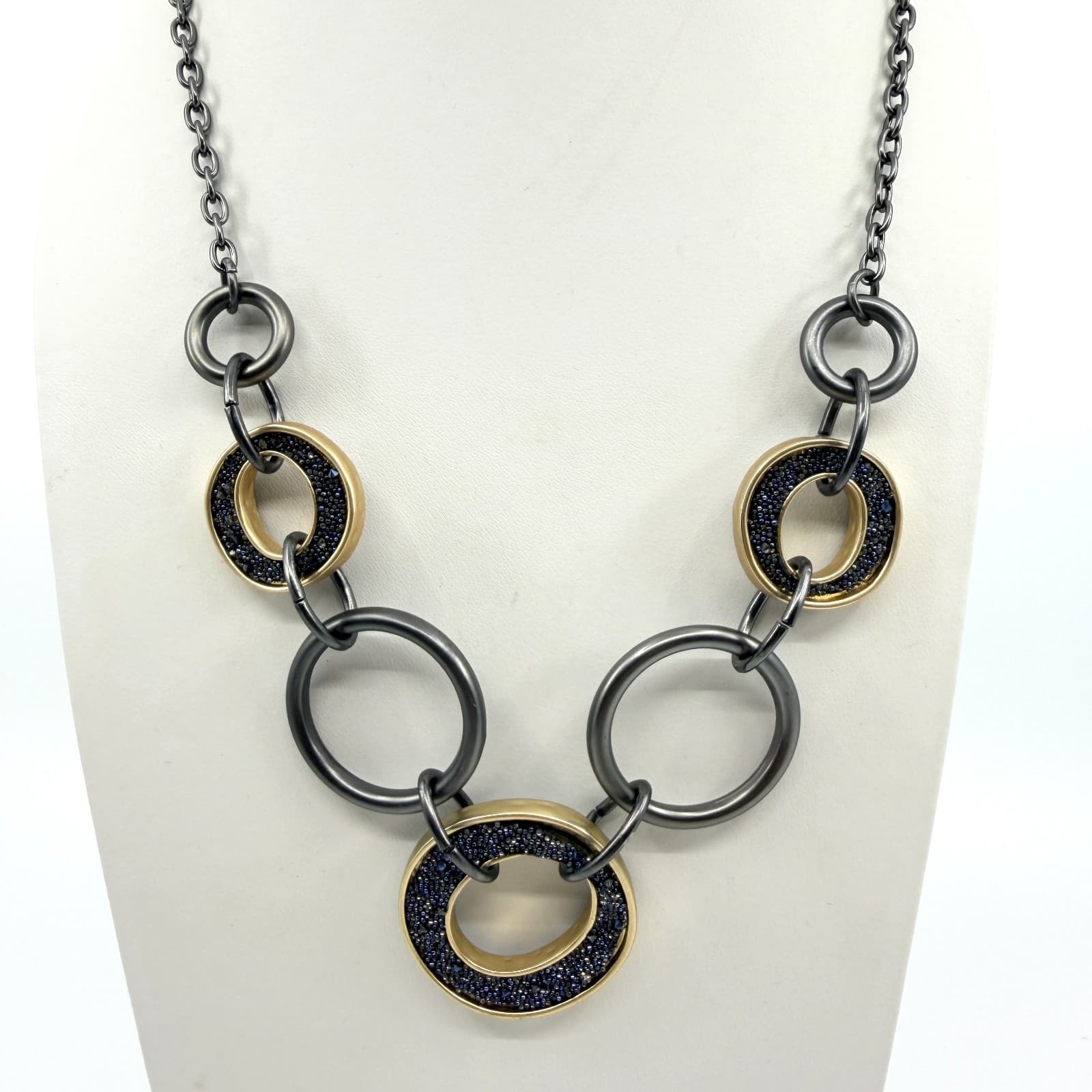 Vintage Gunmetal Gold Tone Interlocking Ring Necklace Bib Statement Mixed Metal