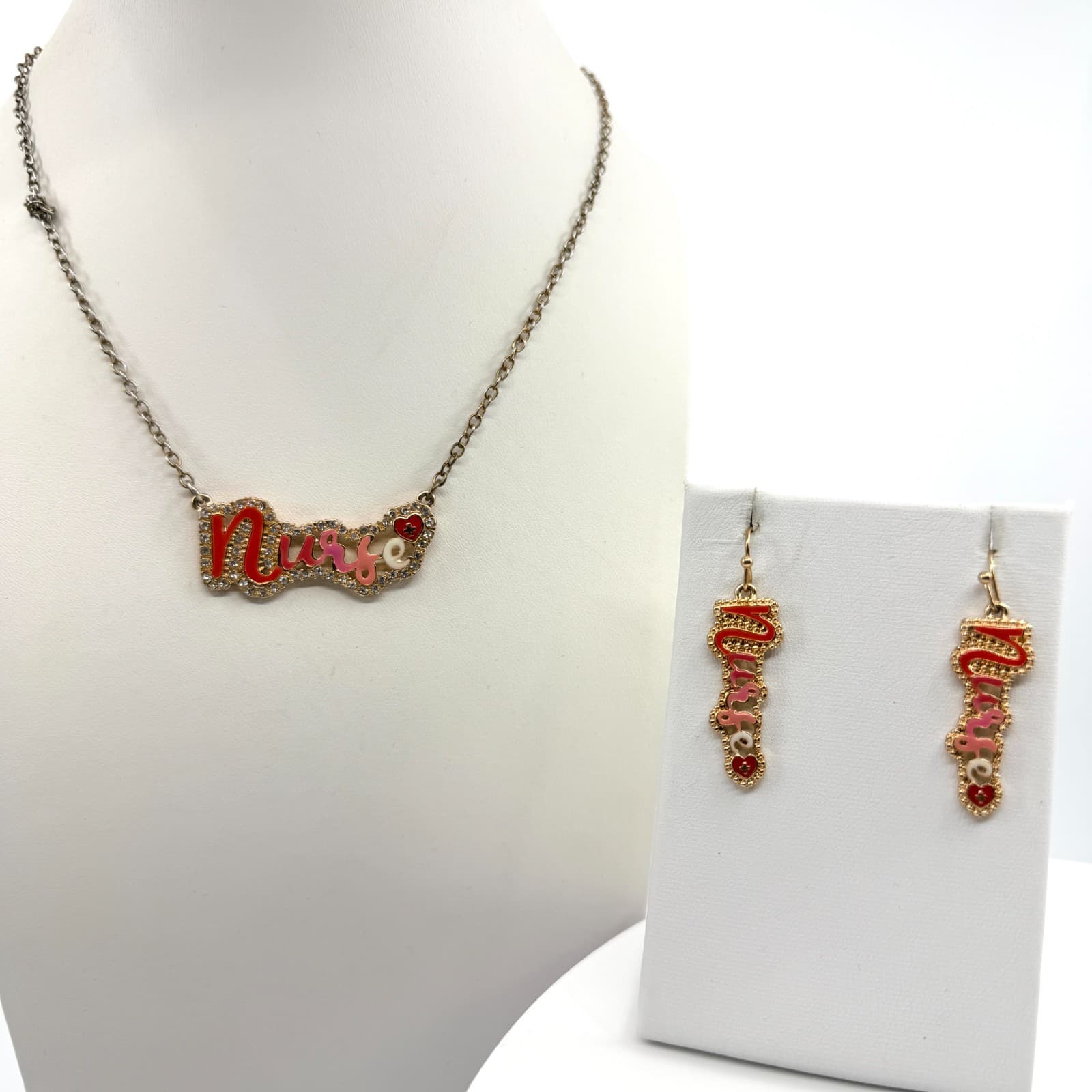 Vintage Nurse Script Heart Nameplate Necklace Earrings Set Red Pink Enamel 90s