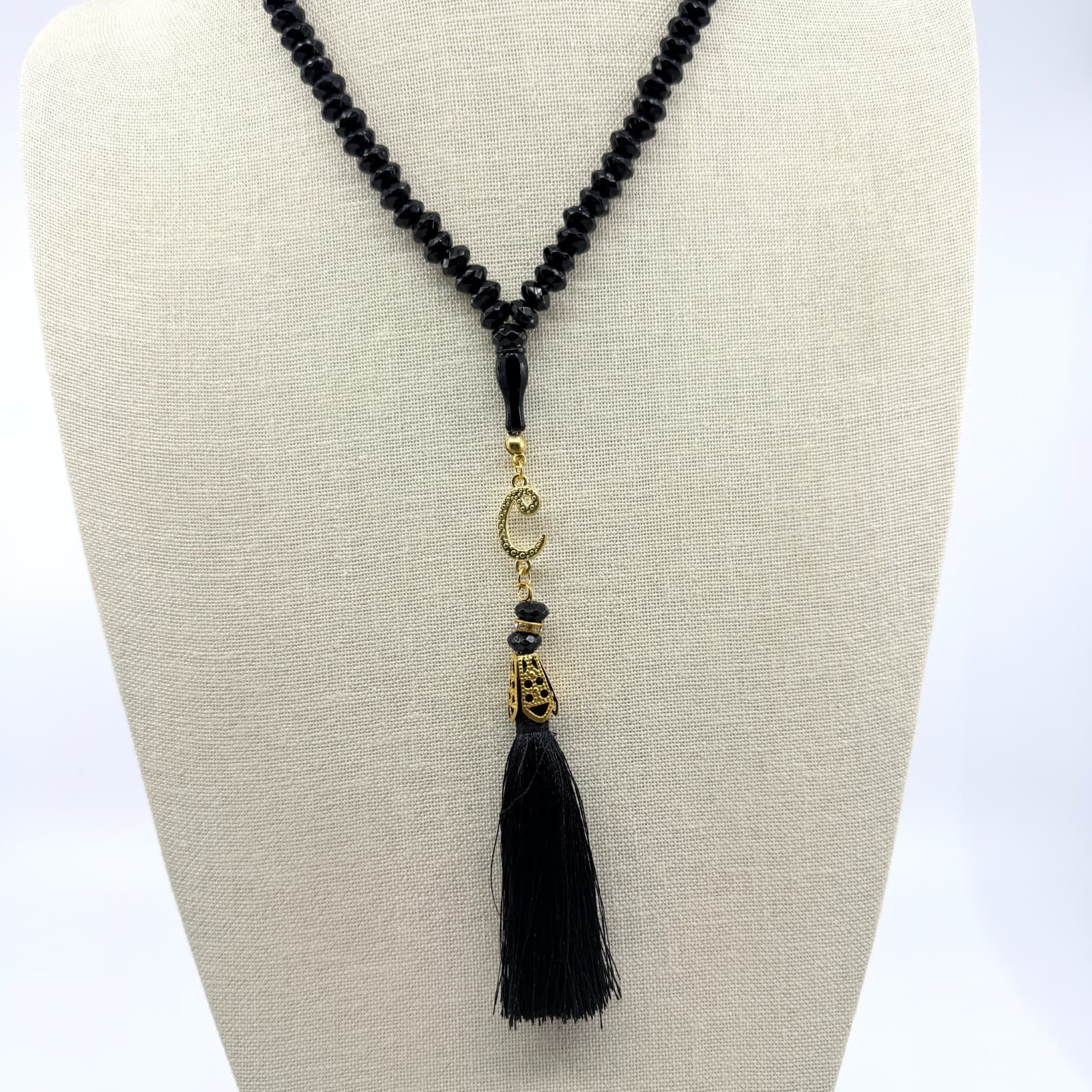 Vintage Islamic Tasbih 99 Beads Muslim Prayer Beads Black Faceted Tassel Accent