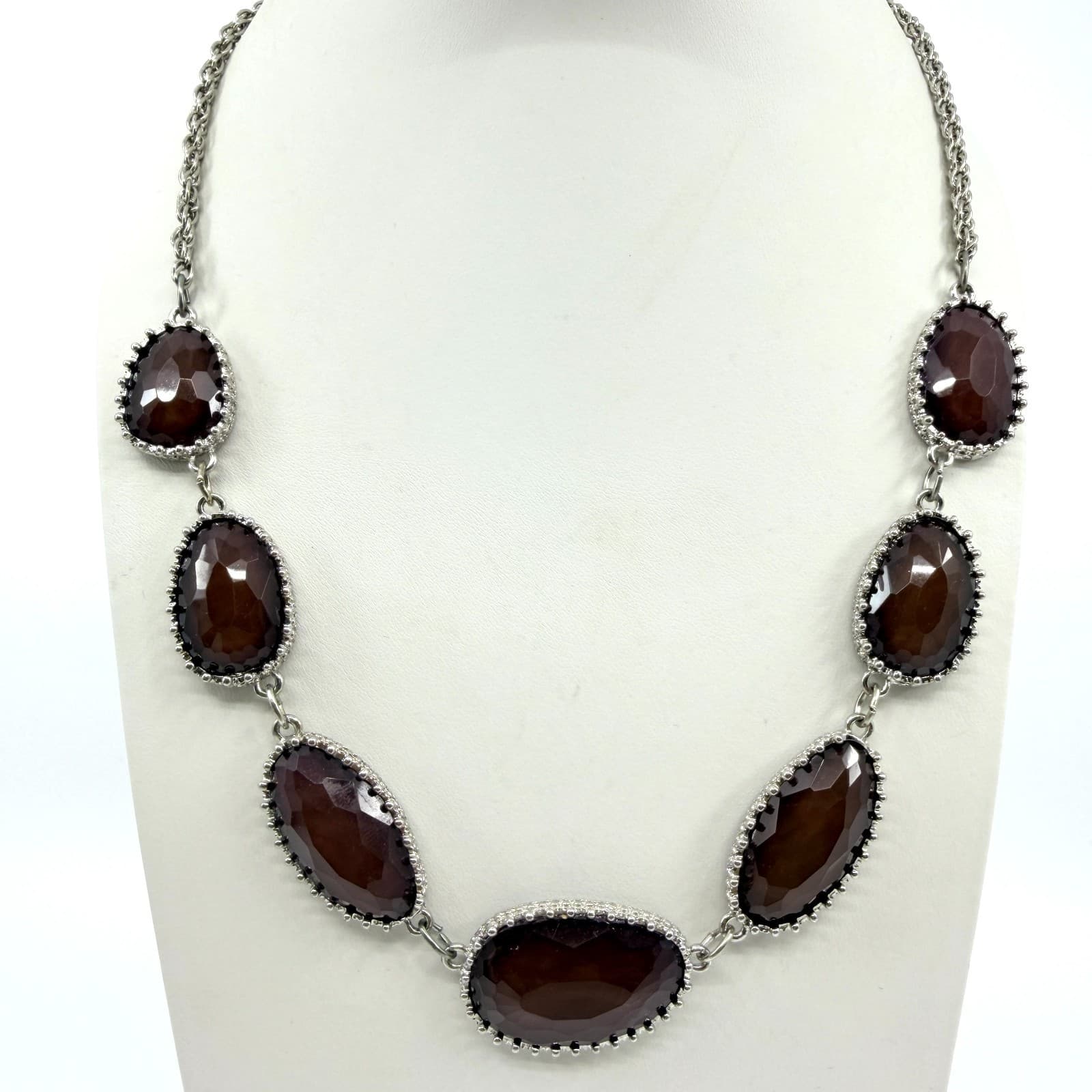 Vintage Silver Tone Faux Smoky Quartz Glass Bezel Link Necklace Chunky Statement