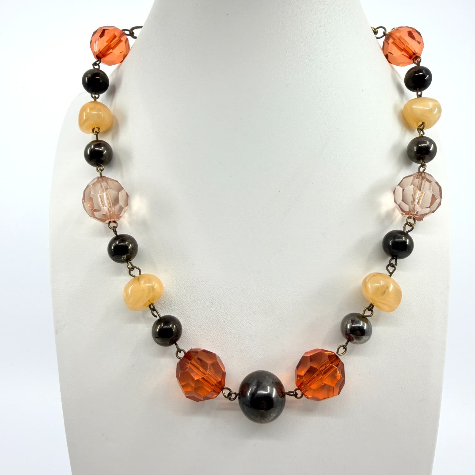 Vintage Earth Tone Beaded Necklace Faceted Amber Brown Minimalist Statement Boho