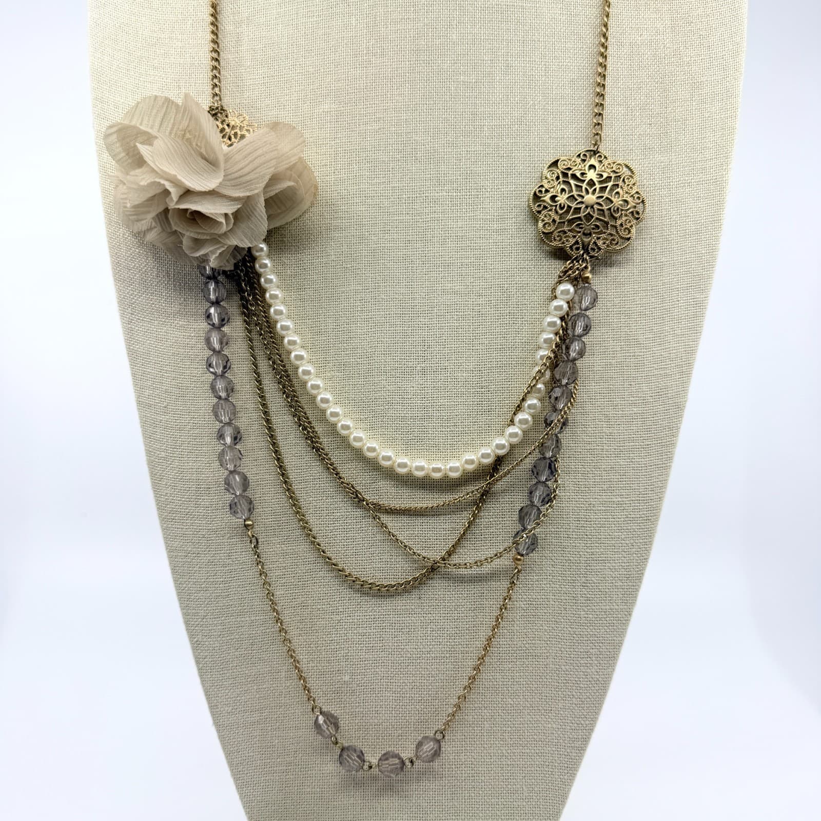 Vintage Gold Tone Multi Strand Statement Necklace Chiffon Flower Faux Pearl Y2K