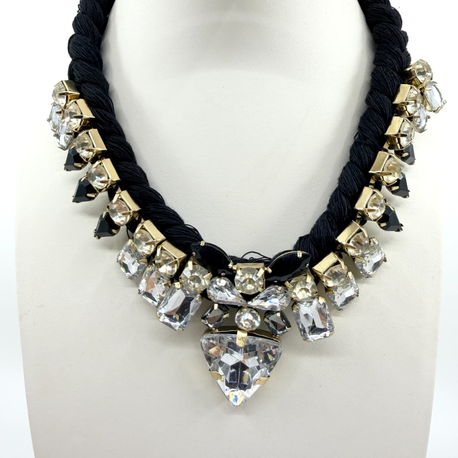 Vintage Black Braided Rope Bib Necklace Clear Black Crystal Rhinestone Statement