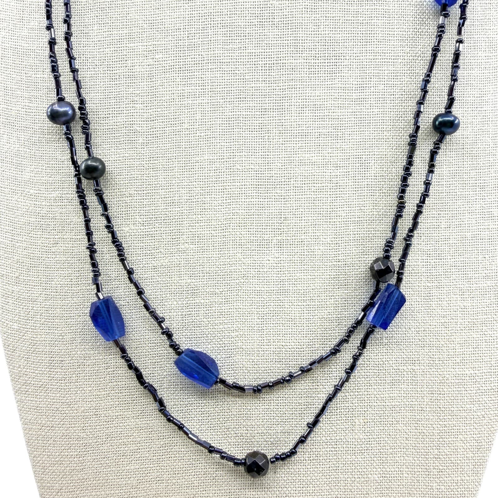 Vintage Black Seed Bead Double Strand Necklace Blue Crystal Black Pearl Accents
