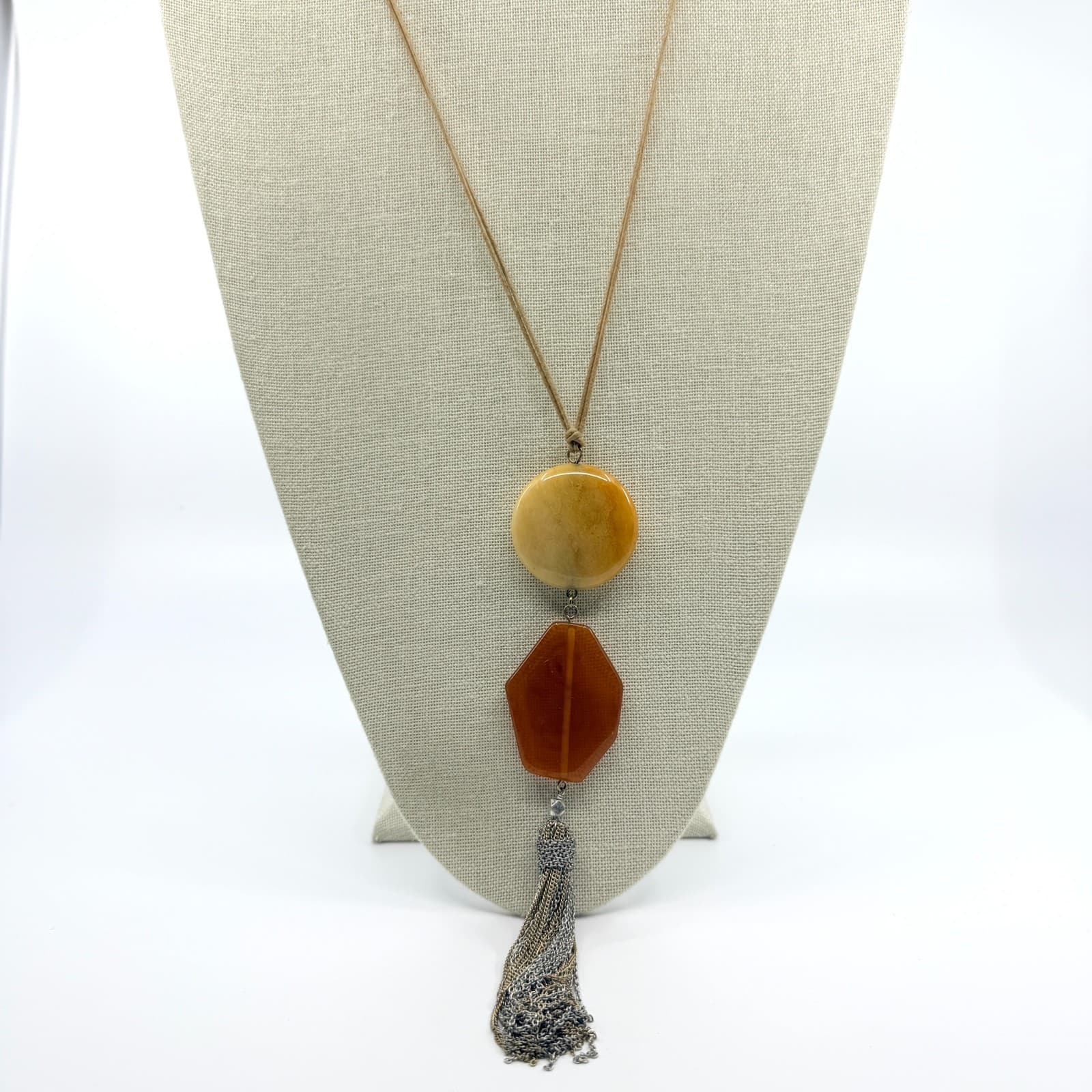 Vintage Tan Cord Orange Stone Resin Pendant Necklace Silver Tassel Boho Artsy