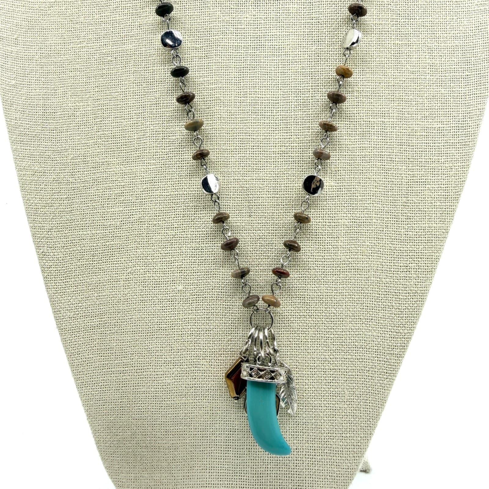 Vintage Silver Tone Boho Tribal Faux Turquoise Tooth Pendant Feather Bead Retro