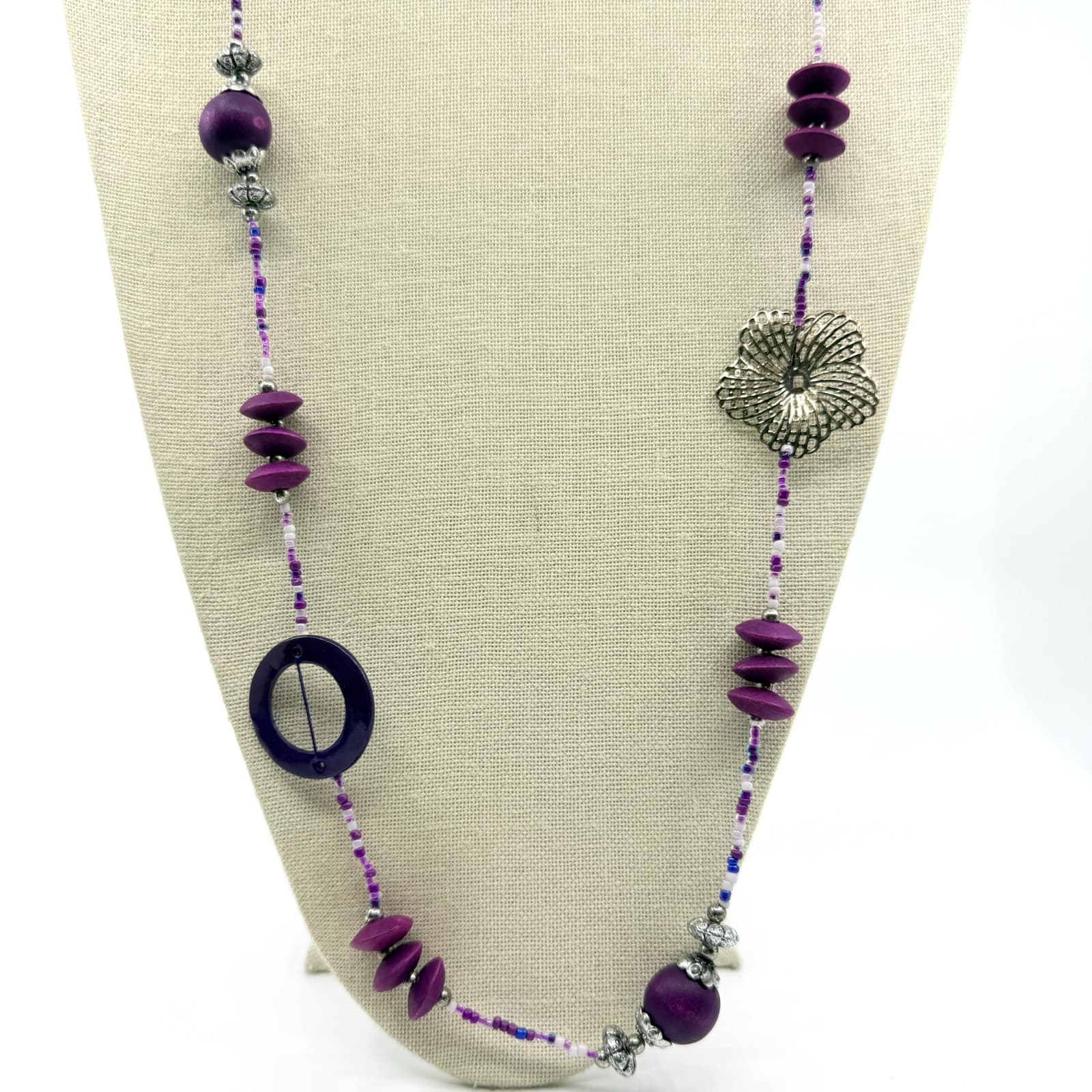 Vintage Purple Mixed Media Long Station Necklace Silver Flower Boho Statement