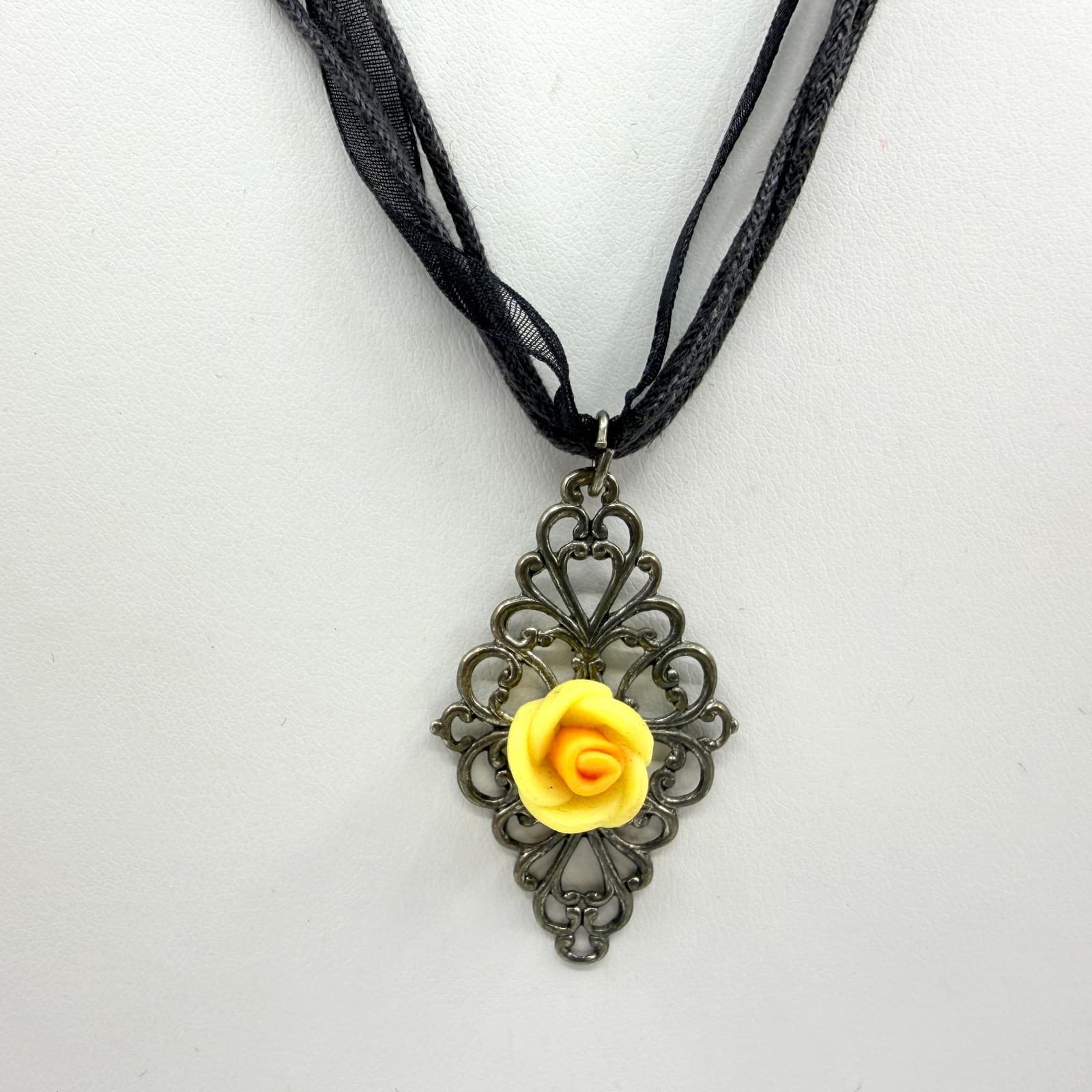 Vintage Gunmetal Tone Filigree Rose Pendant Necklace Black Cord Goth Boho 90s