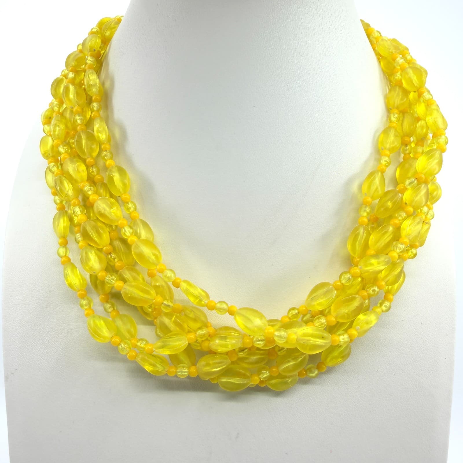 Vintage Yellow Acrylic Bead Multi Strand Necklace Chunky Statement Boho Chic