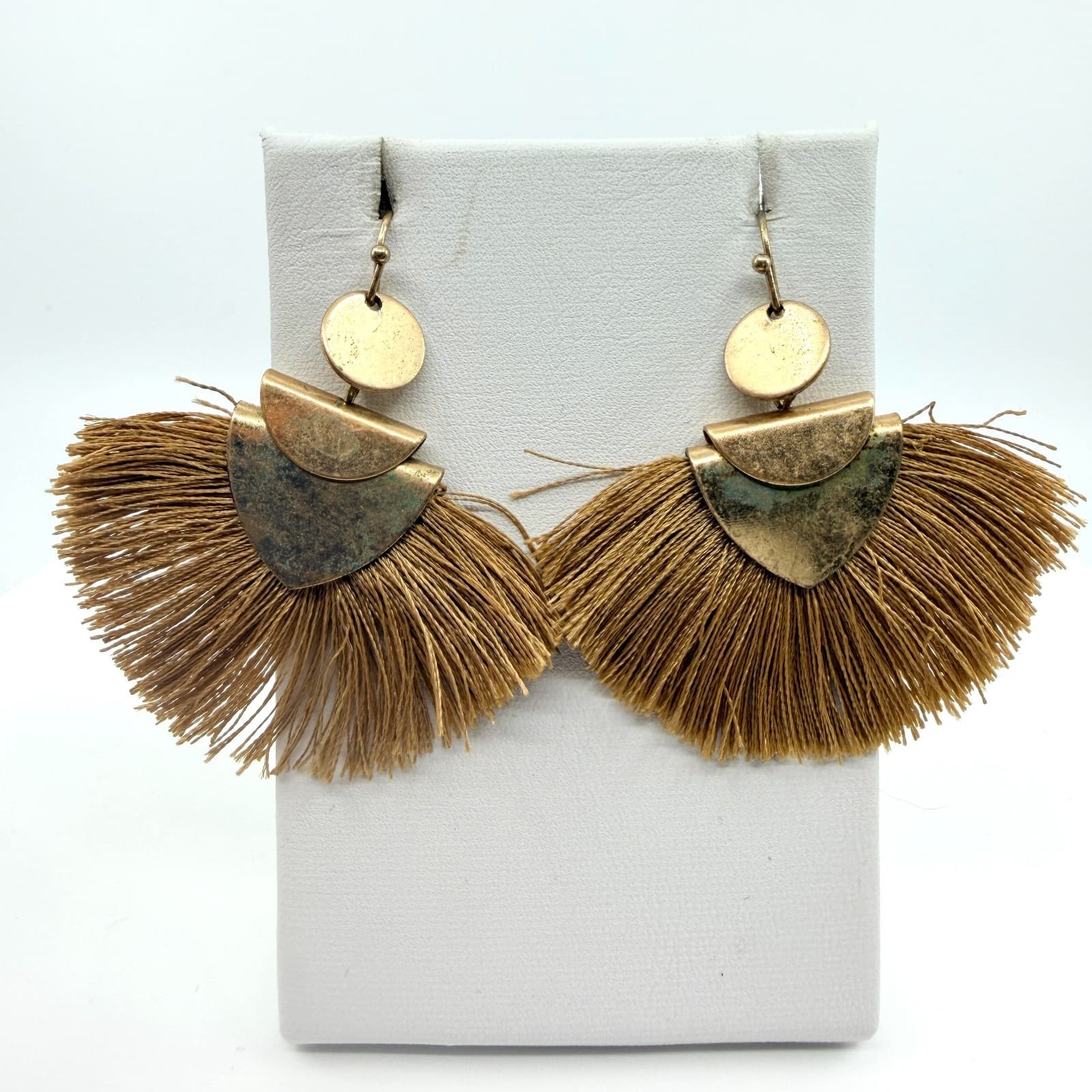 Vintage Gold Tone Tassel Fan Drop Earrings Large Statement Boho Geometric 90s