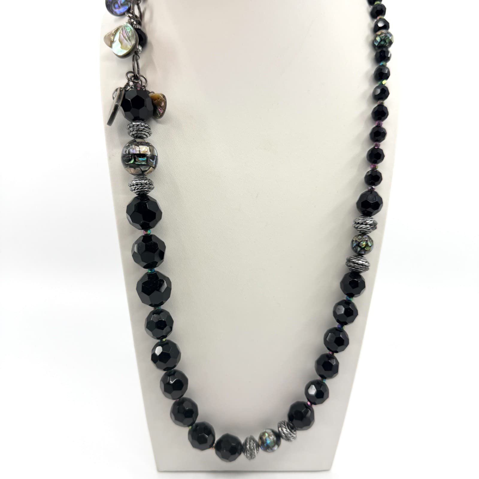 Vintage Black Faceted Beaded Necklace Iridescent Inlay Statement Chunky Boho