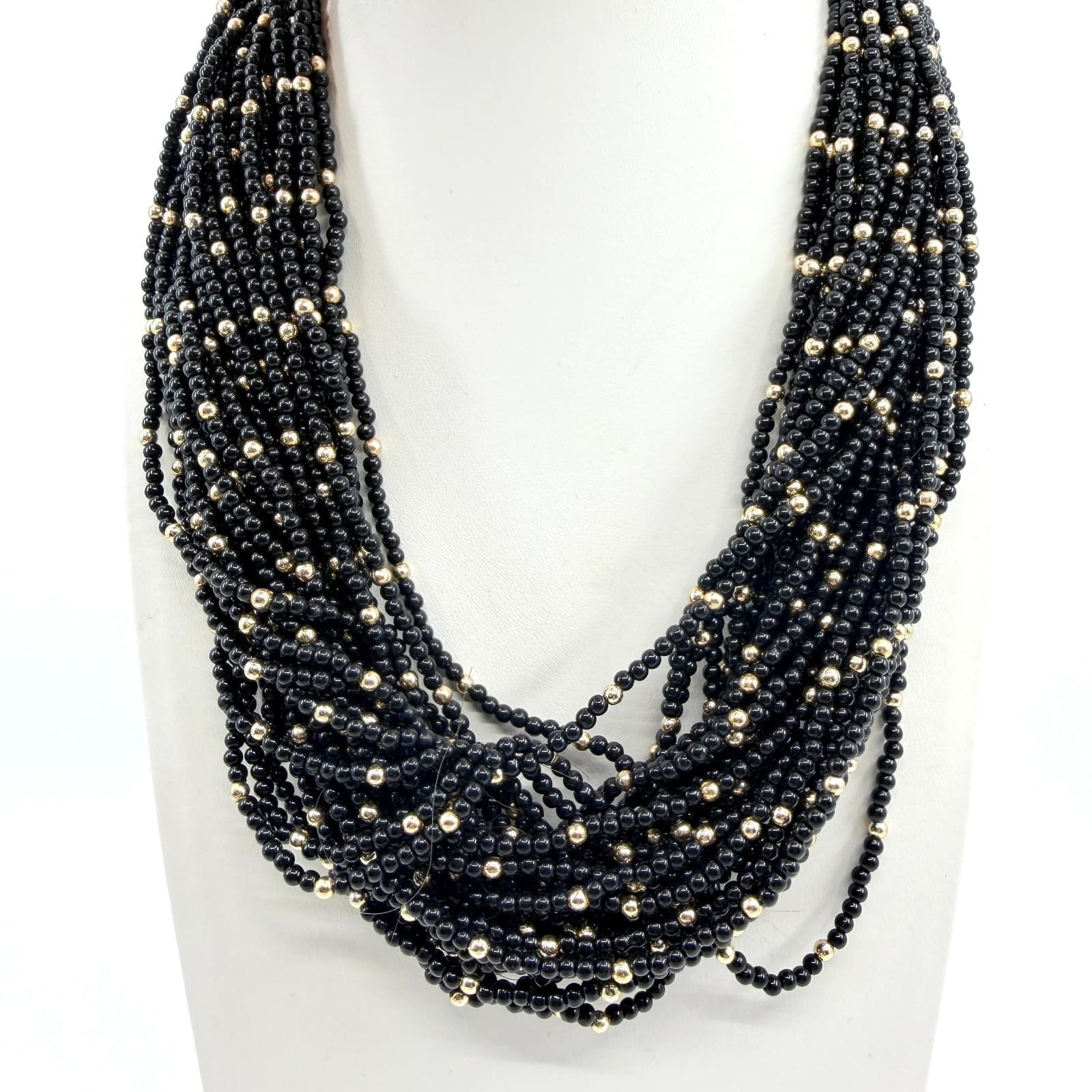 Vintage Black Gold Tone Multi Strand Beaded Necklace Statement Chunky Bold Retro